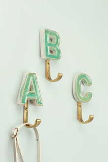 Personalised Green Crackle Monogram Coat Hook in Antique Brass Finish