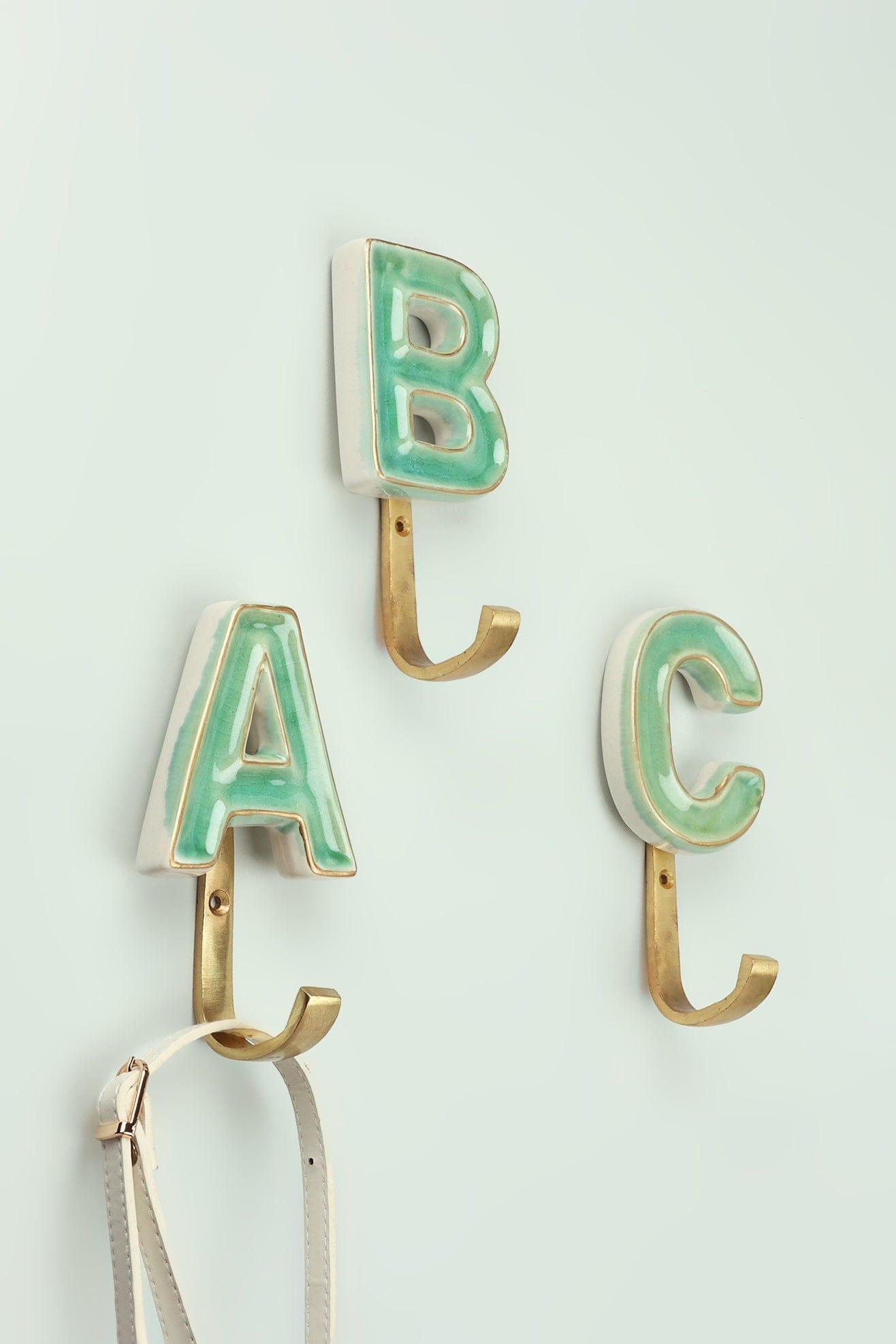 Personalised Handcrafted Monogram Alphabet Green Crackle Glazed Hooks Hand-Painted Ceramic & Antique Finish Brass Letter Wall Coat Hooks - G Decor