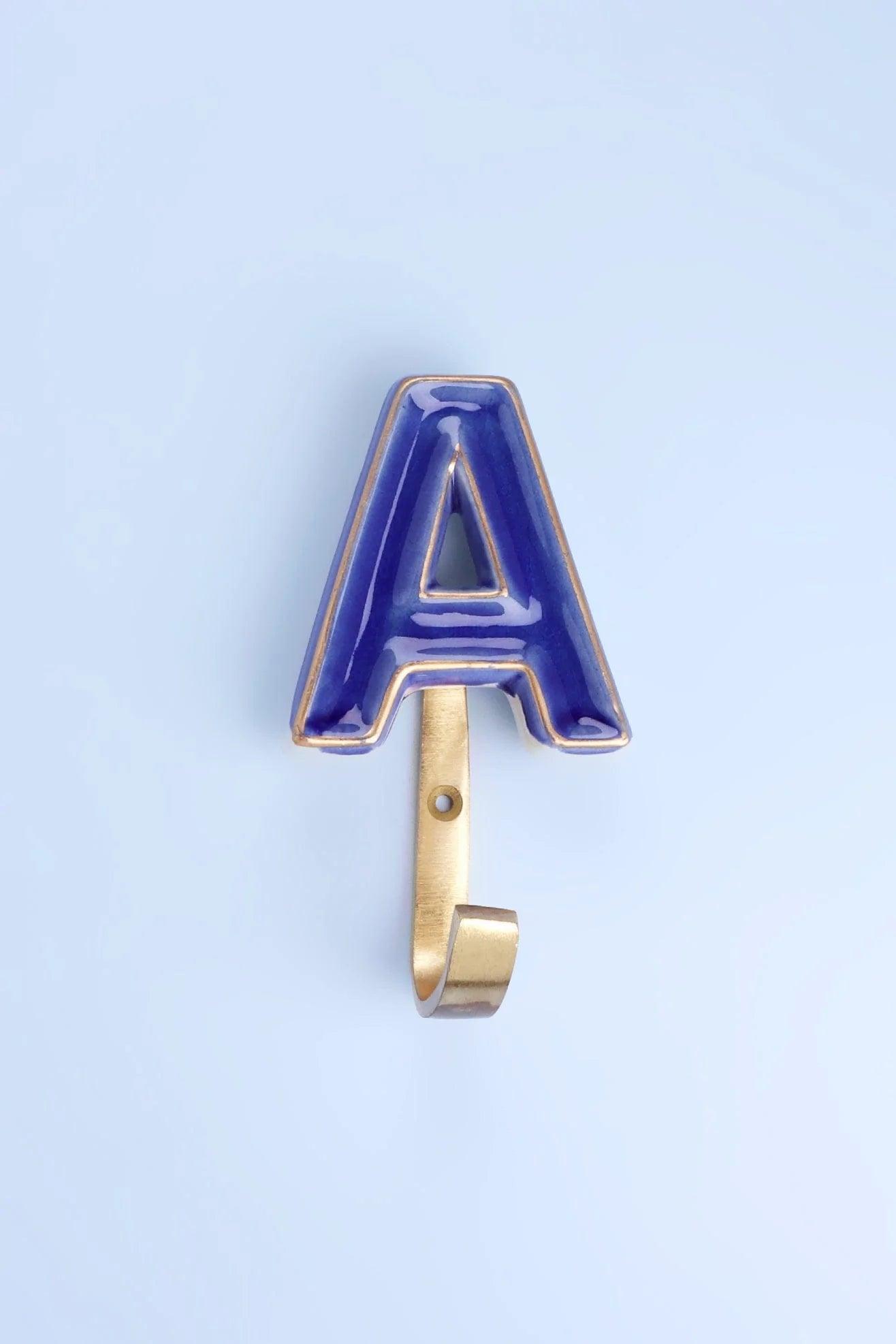 Personalised Handcrafted Monogram Alphabet Royal Blue Crackle Glazed Hooks Hand-Painted Ceramic & Antique Finish Brass Letter Wall Coat Hooks - G Decor