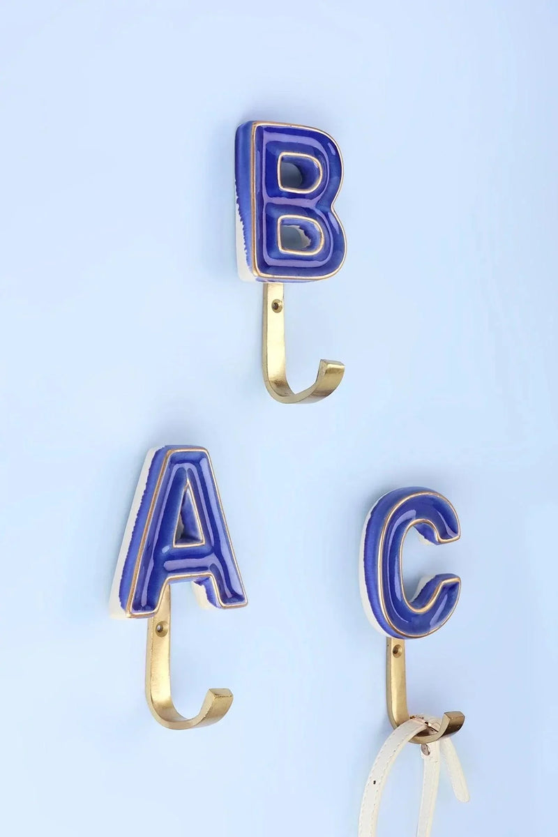 Personalised Royal Blue Crackle Monogram Coat Hook — Antique Brass