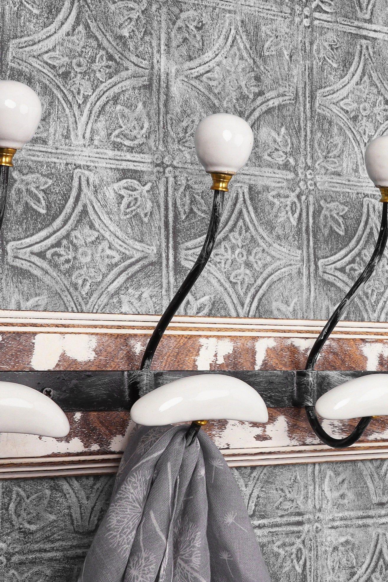 Provence Large Whitewash Wall Hook Rack Handcrafted Wooden Rail with 5 Ceramic-Tipped Hooks - G Decor