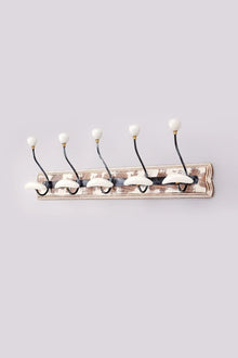 Provence Whitewash Wooden Wall Hook Rack with 5 Ceramic-Tipped Hooks