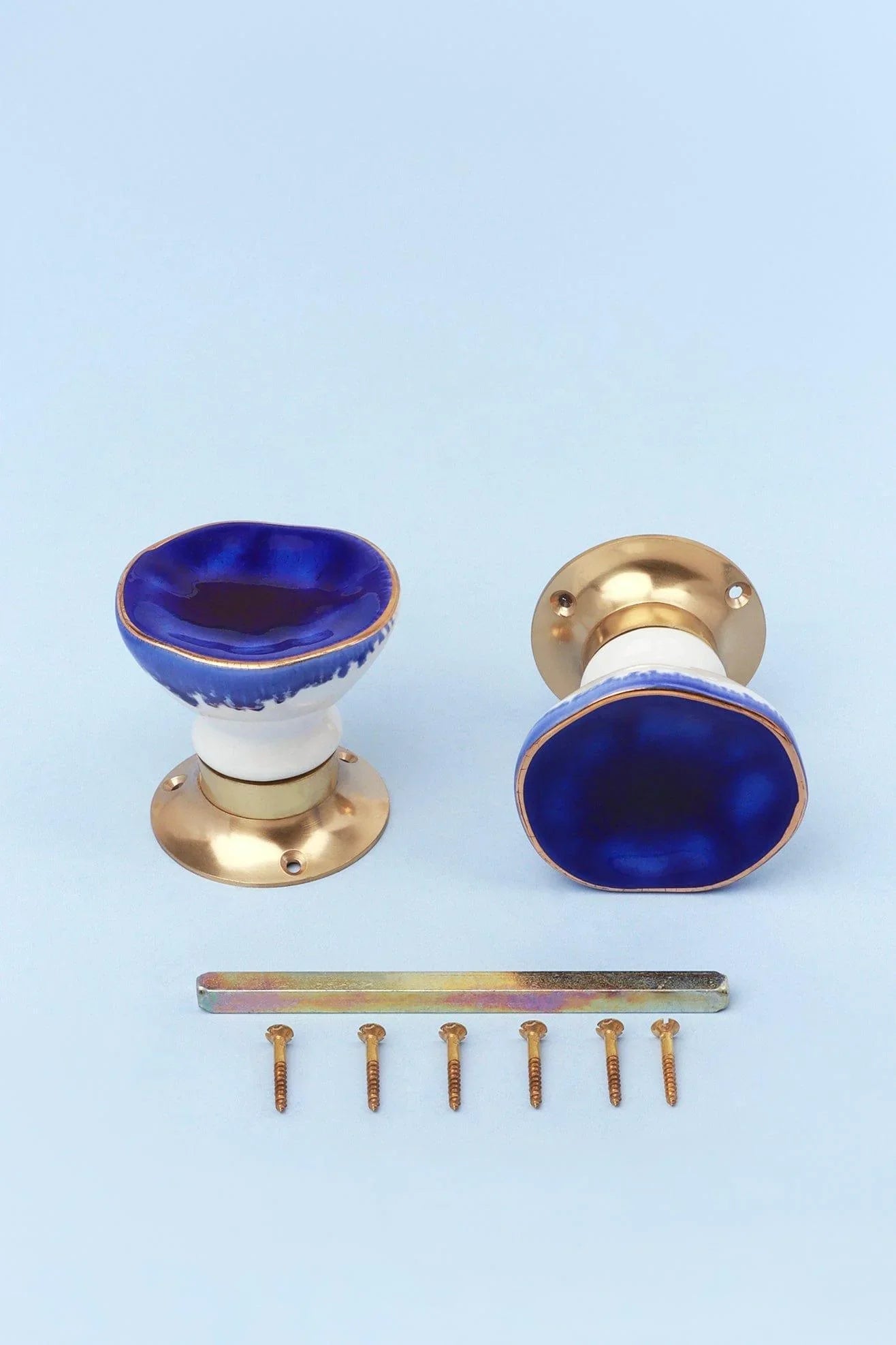 Rhodes Dark Blue Crackle Glaze Mortice Door Knobs — close-up view, G Decor