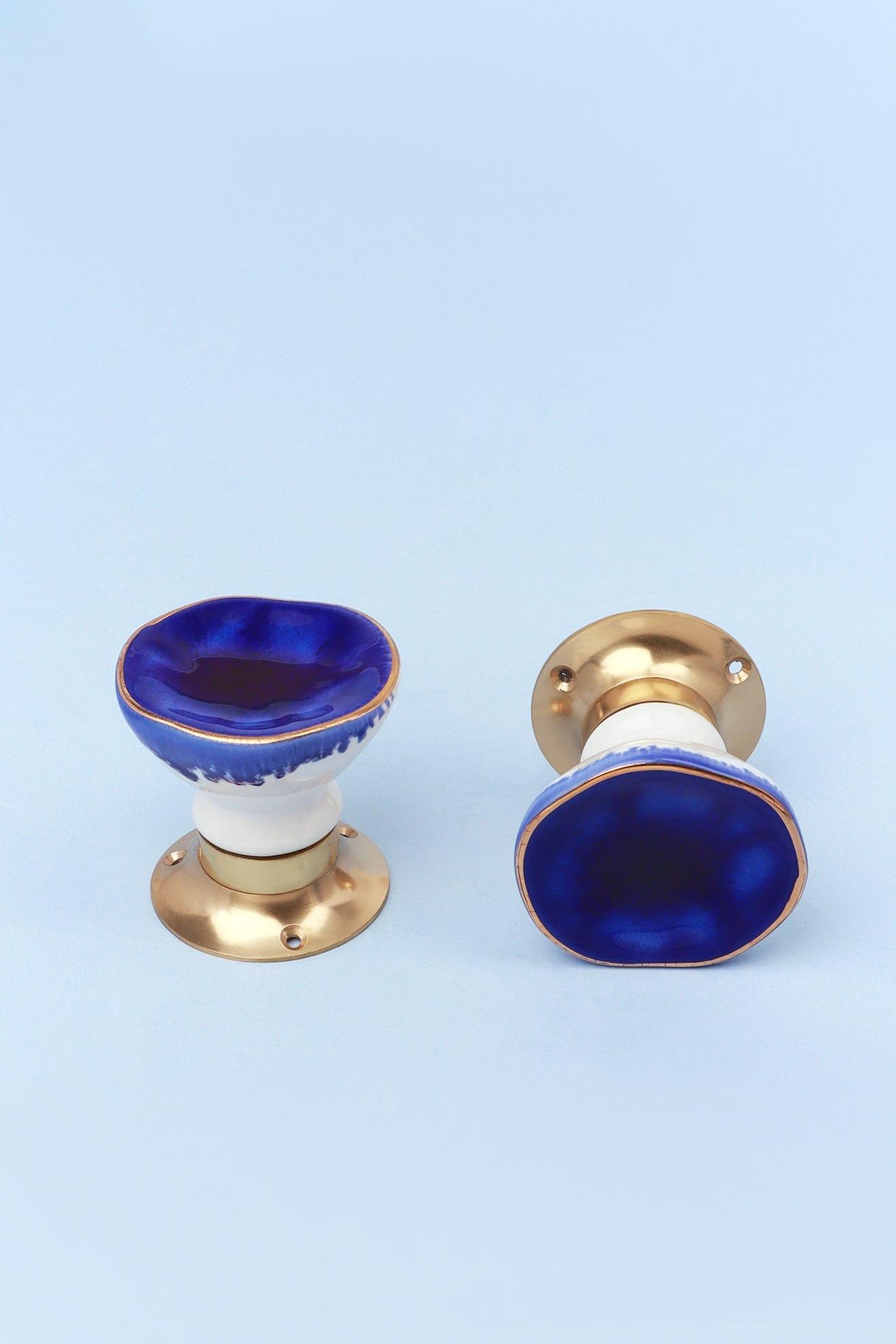 Rhodes Dark Blue Handcrafted &amp; Hand-Painted Ceramic Mortice Door Knob Set with Crackle Glaze Finish &amp; Solid Brass Base - Interior Door Set - G Decor