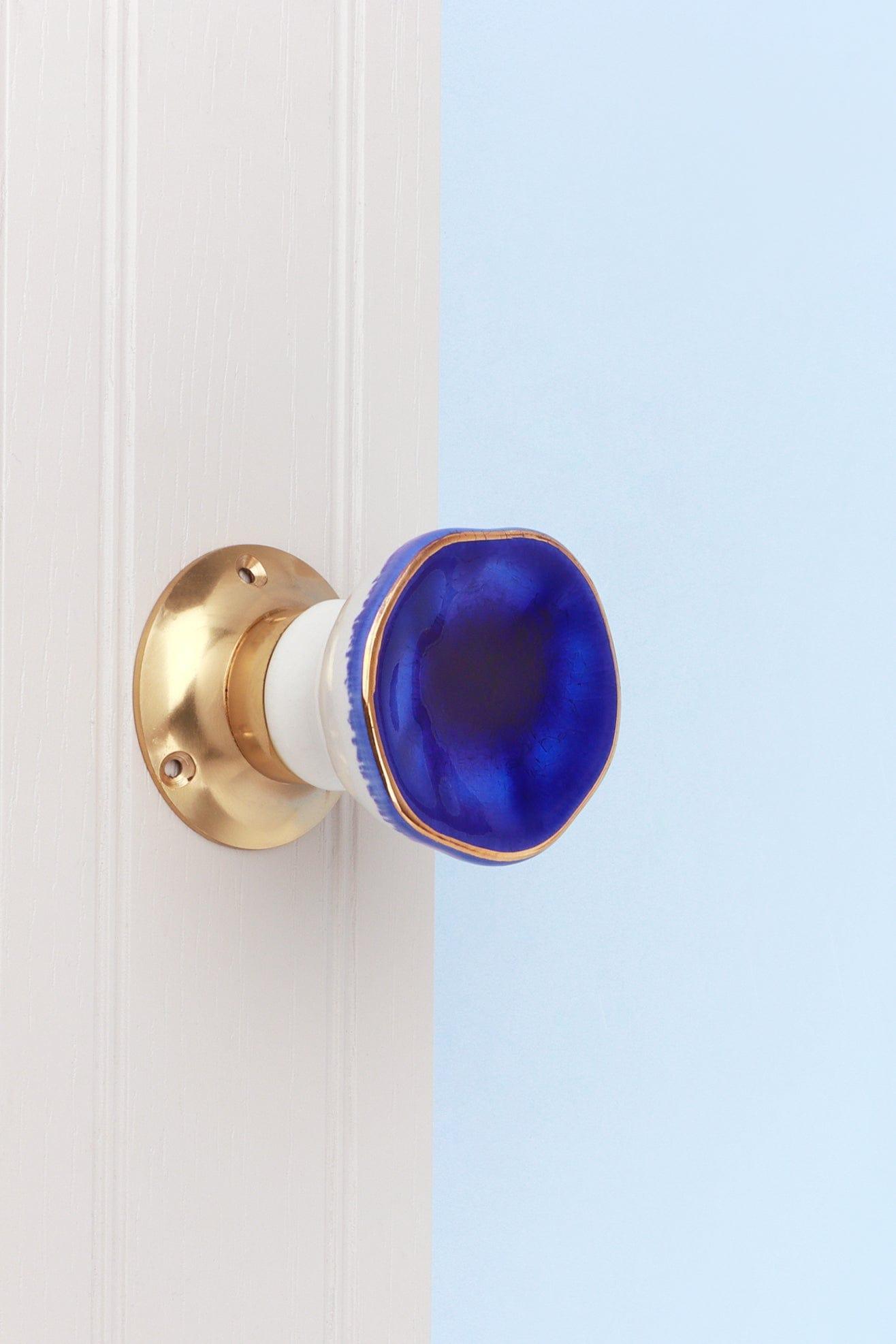 Rhodes Dark Blue Handcrafted &amp; Hand-Painted Ceramic Mortice Door Knob Set with Crackle Glaze Finish &amp; Solid Brass Base - Interior Door Set - G Decor