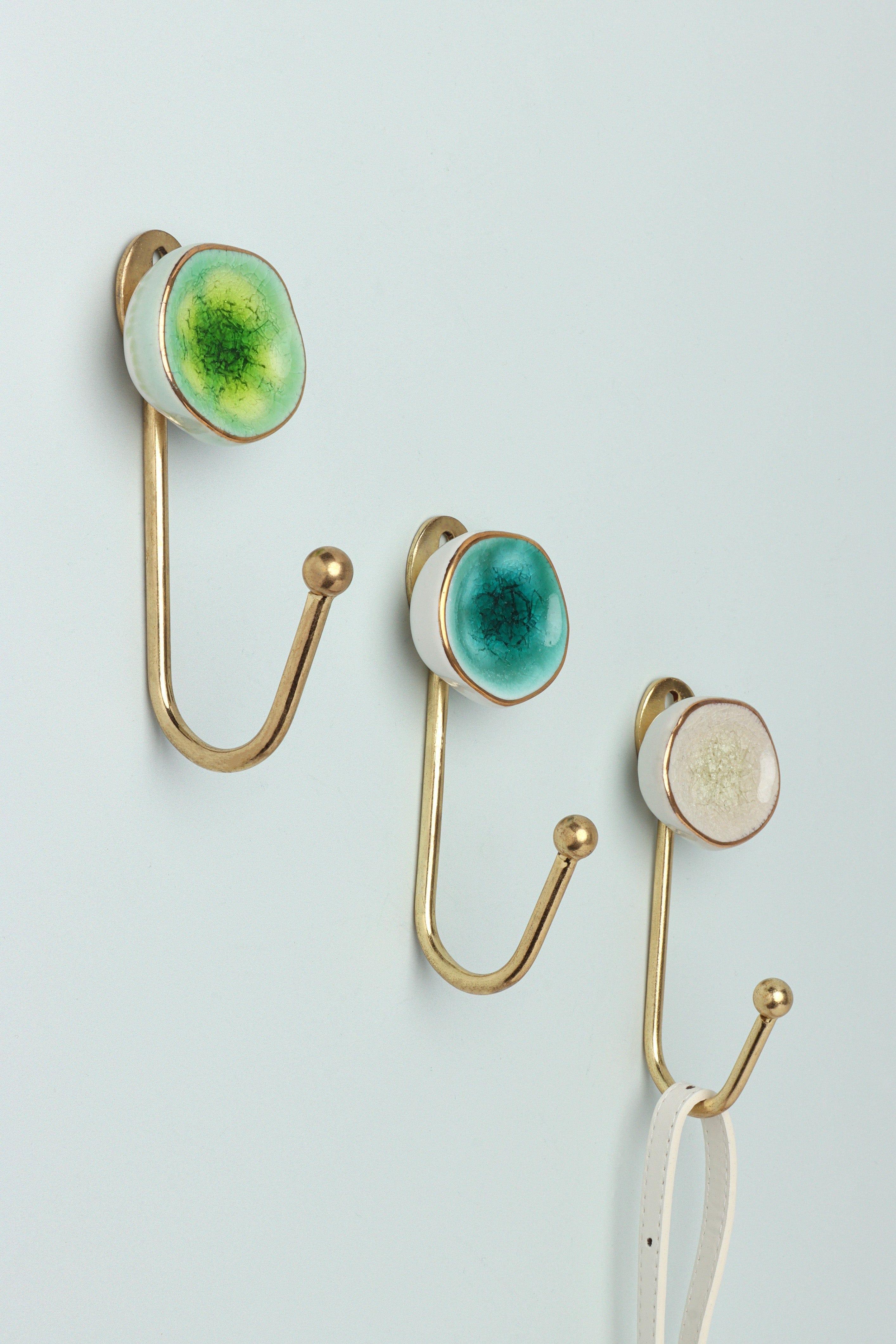 Rhodes Handmade & Handcrafted Ceramic Wall Hook Crackle Glaze with Brass Finish - G Decor