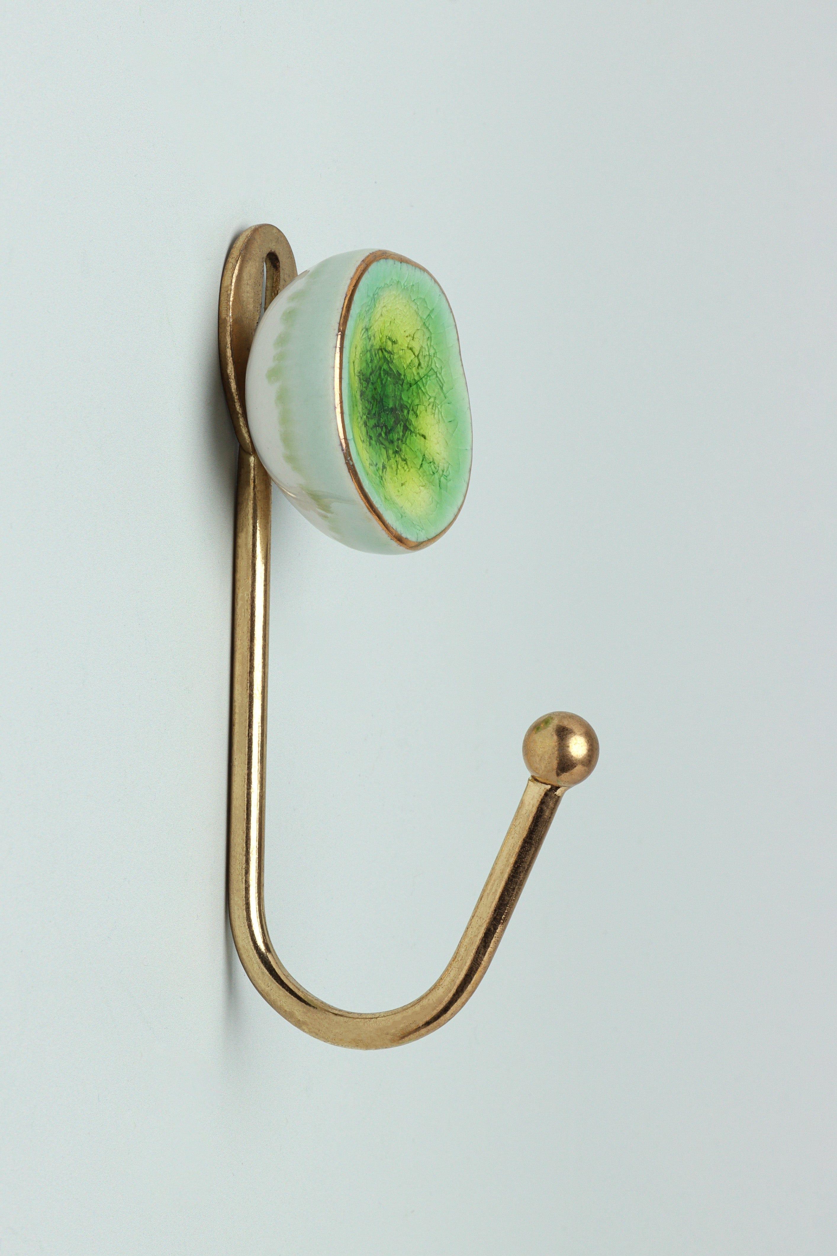 Rhodes Handmade & Handcrafted Ceramic Wall Hook Crackle Glaze with Brass Finish - G Decor