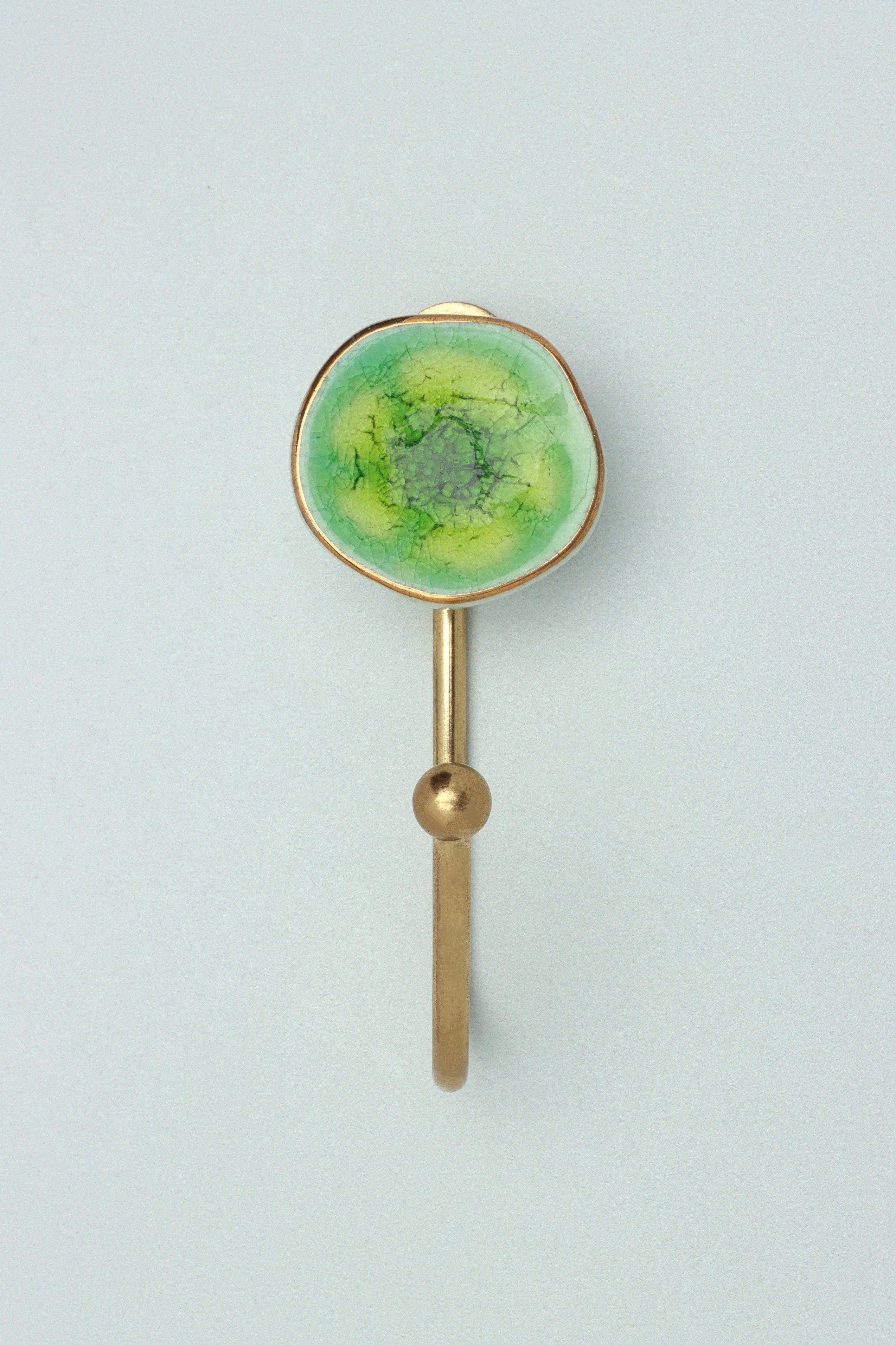 Rhodes Handmade & Handcrafted Ceramic Wall Hook Crackle Glaze with Brass Finish - G Decor