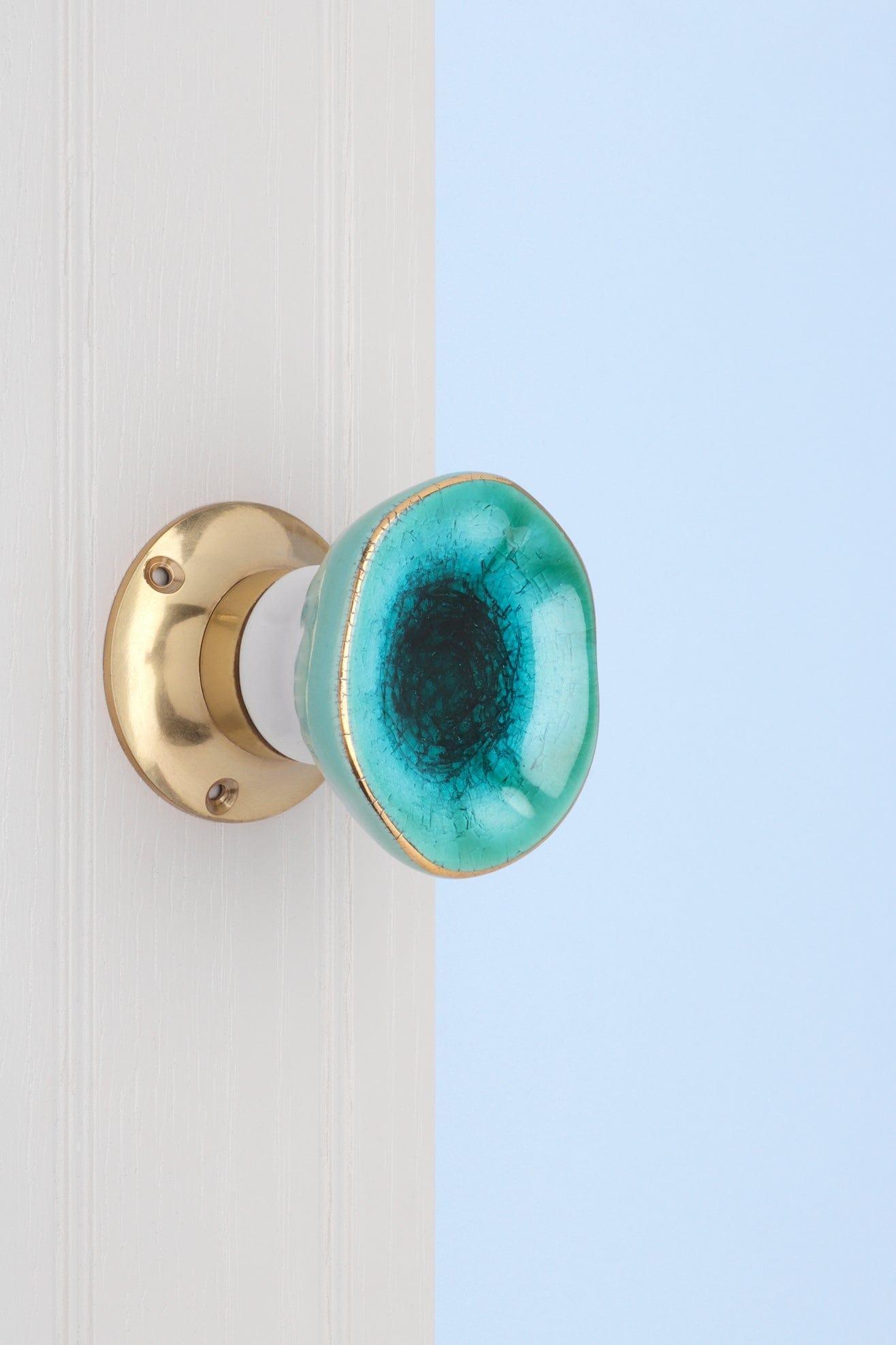 Rhodes Sea Blue Handcrafted &amp; Hand-Painted Ceramic Mortice Door Knob Set with Crackle Glaze Finish &amp; Solid Brass Base- Interior Door Set - G Decor
