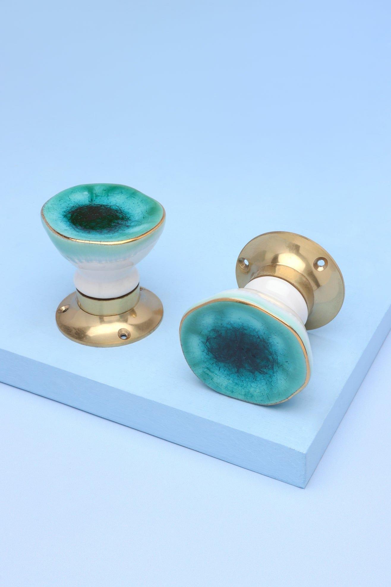 Rhodes Sea Blue Handcrafted &amp; Hand-Painted Ceramic Mortice Door Knob Set with Crackle Glaze Finish &amp; Solid Brass Base- Interior Door Set - G Decor