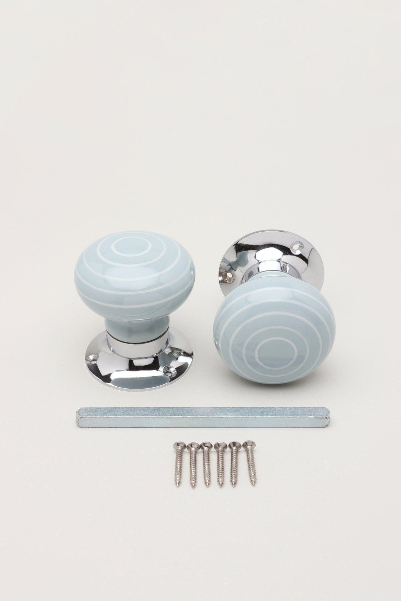 Ringbourne Handcrafted & Hand-Painted Grey Ceramic Mortice Door Handles with White Stripe Rings – Internal Turning Knobs for Bedroom, Kitchen & Interior Doors with Chrome Base - G Decor