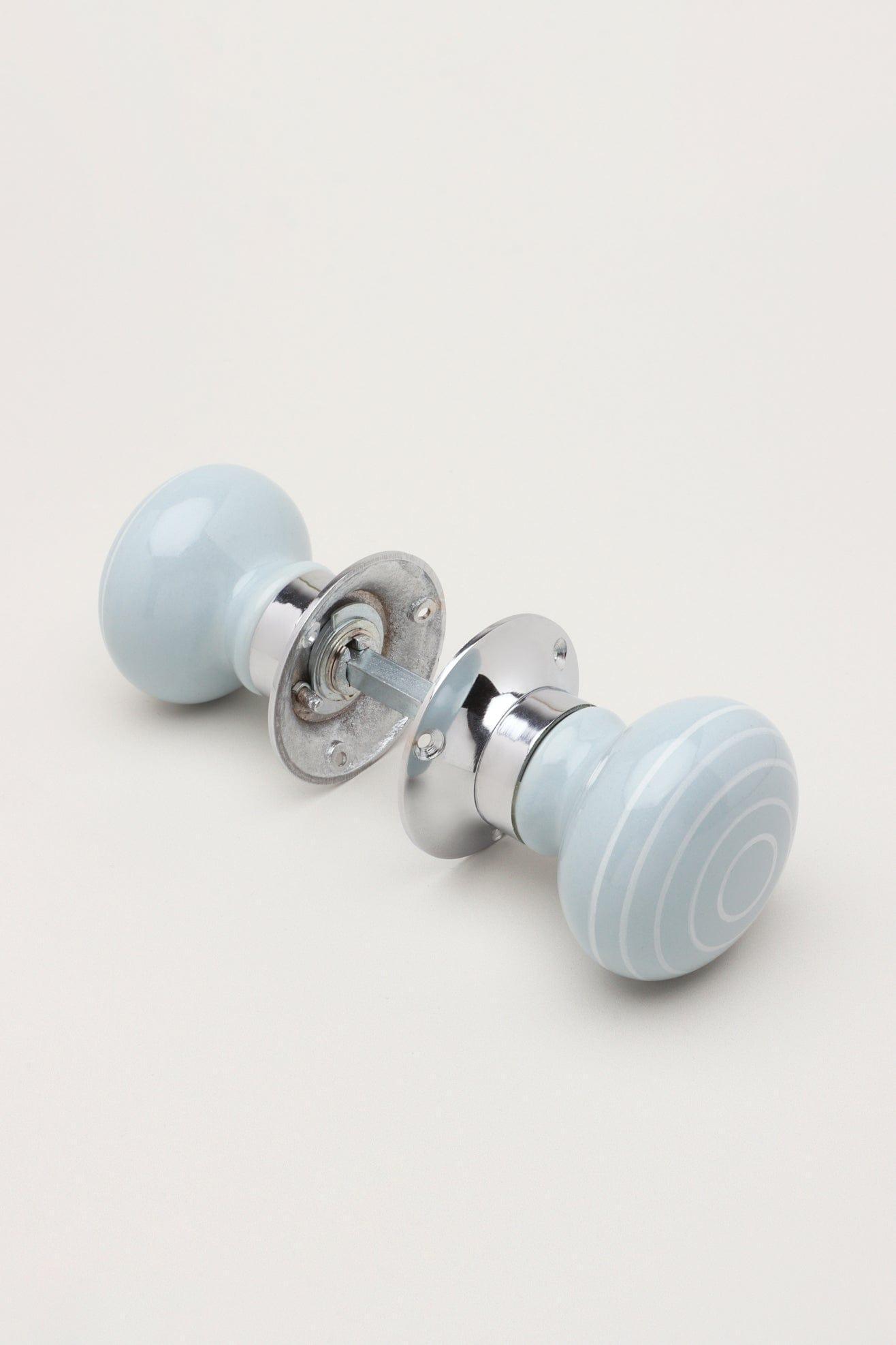 Ringbourne Handcrafted & Hand-Painted Grey Ceramic Mortice Door Handles with White Stripe Rings – Internal Turning Knobs for Bedroom, Kitchen & Interior Doors with Chrome Base - G Decor