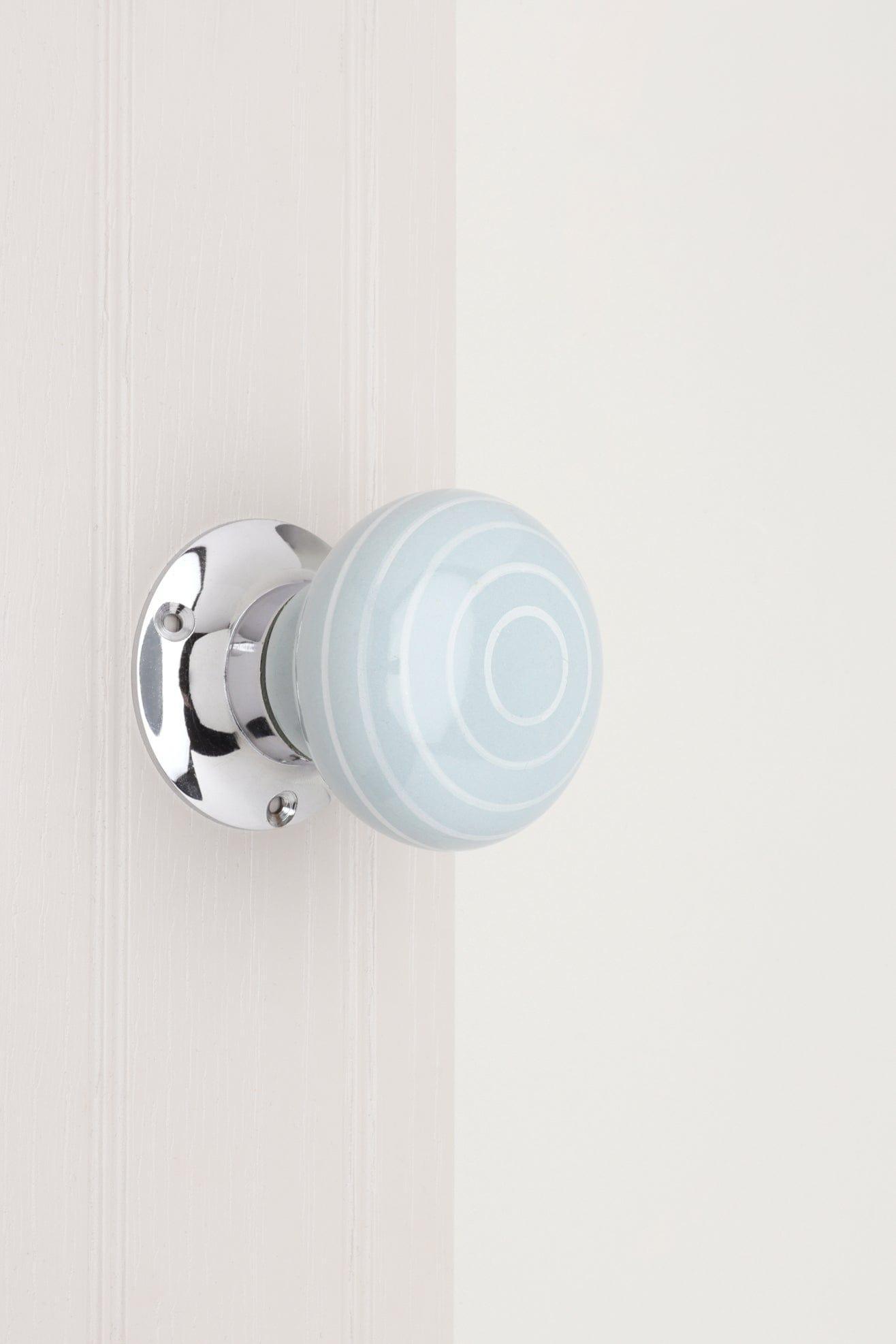 Ringbourne Handcrafted & Hand-Painted Grey Ceramic Mortice Door Handles with White Stripe Rings – Internal Turning Knobs for Bedroom, Kitchen & Interior Doors with Chrome Base - G Decor
