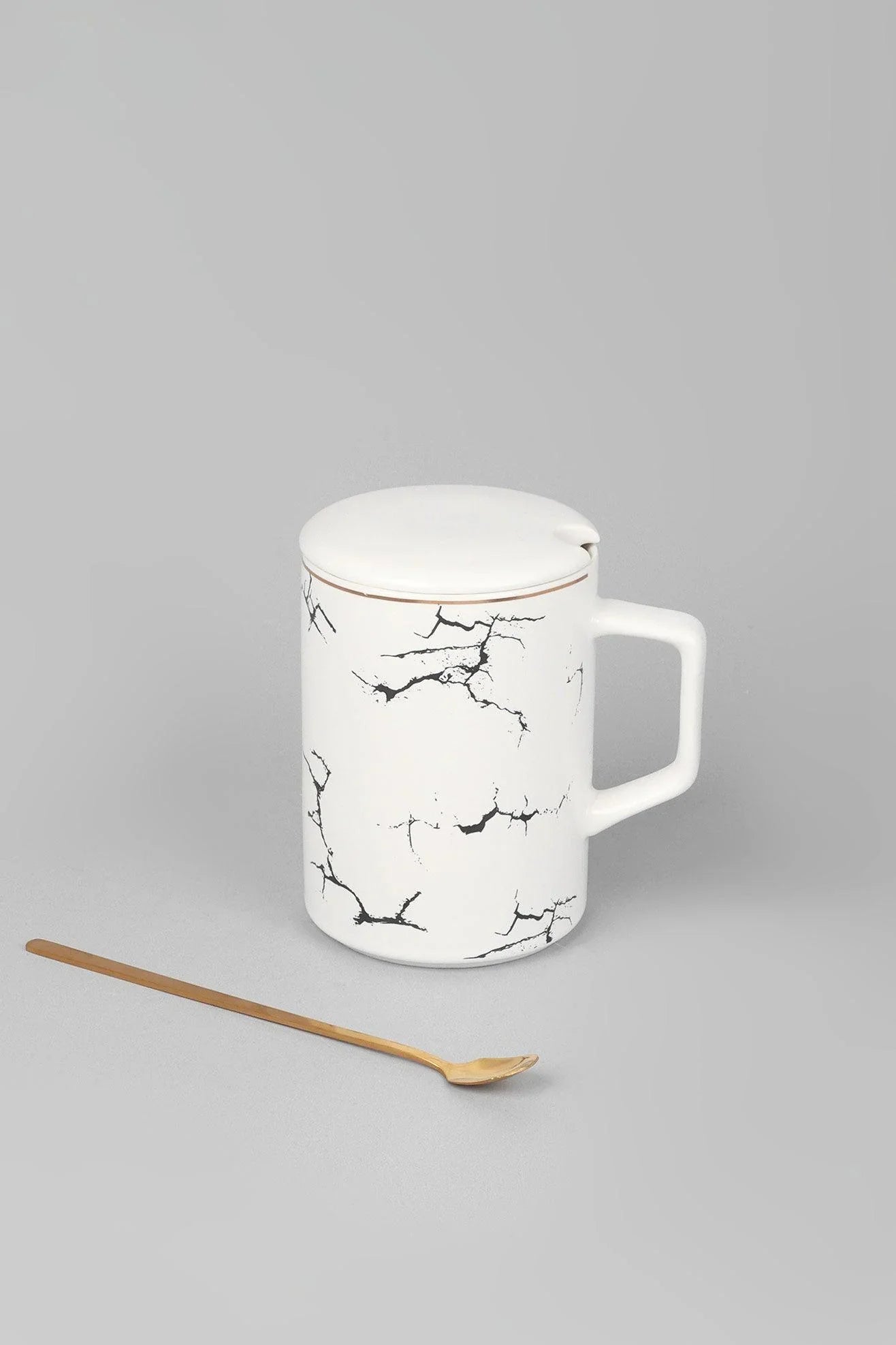 Roberto Nordic Monochrome Mug with Lid and Spoon — close-up view, G Decor