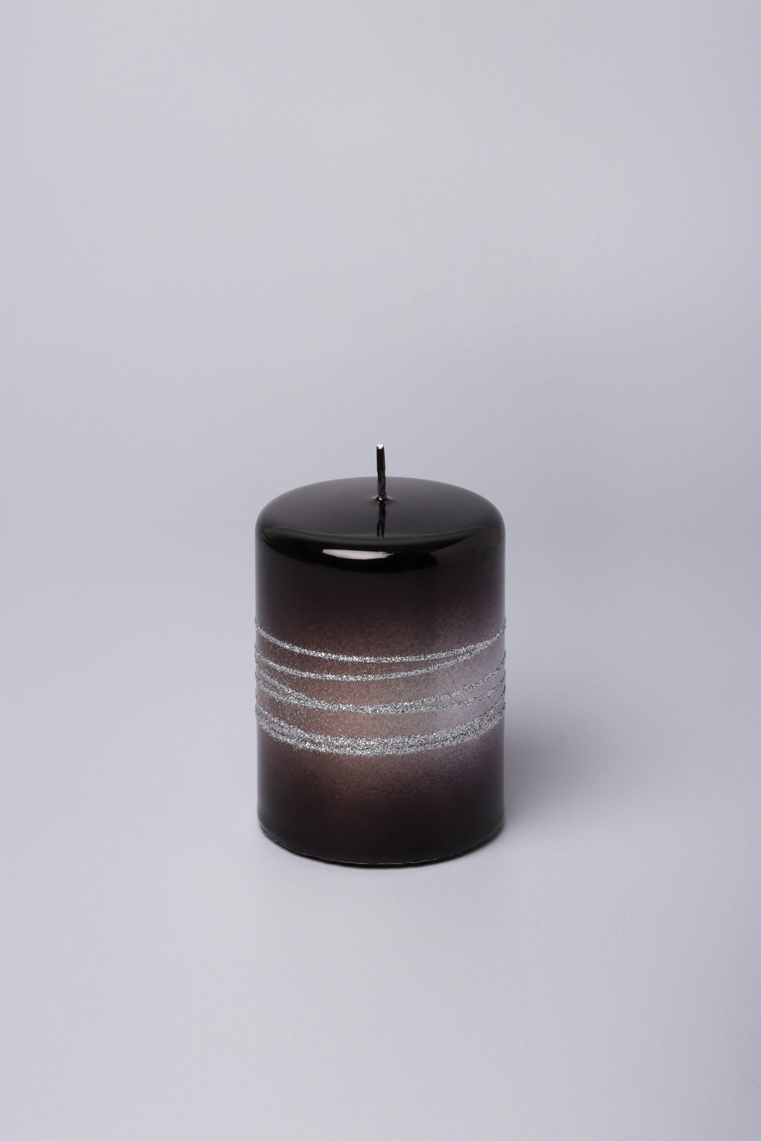 Roselane Mirror Glass Effect Limited Edition Hand-Finished Silver Stripe Glitter Pillar Candle – Obsidian Black - G Decor