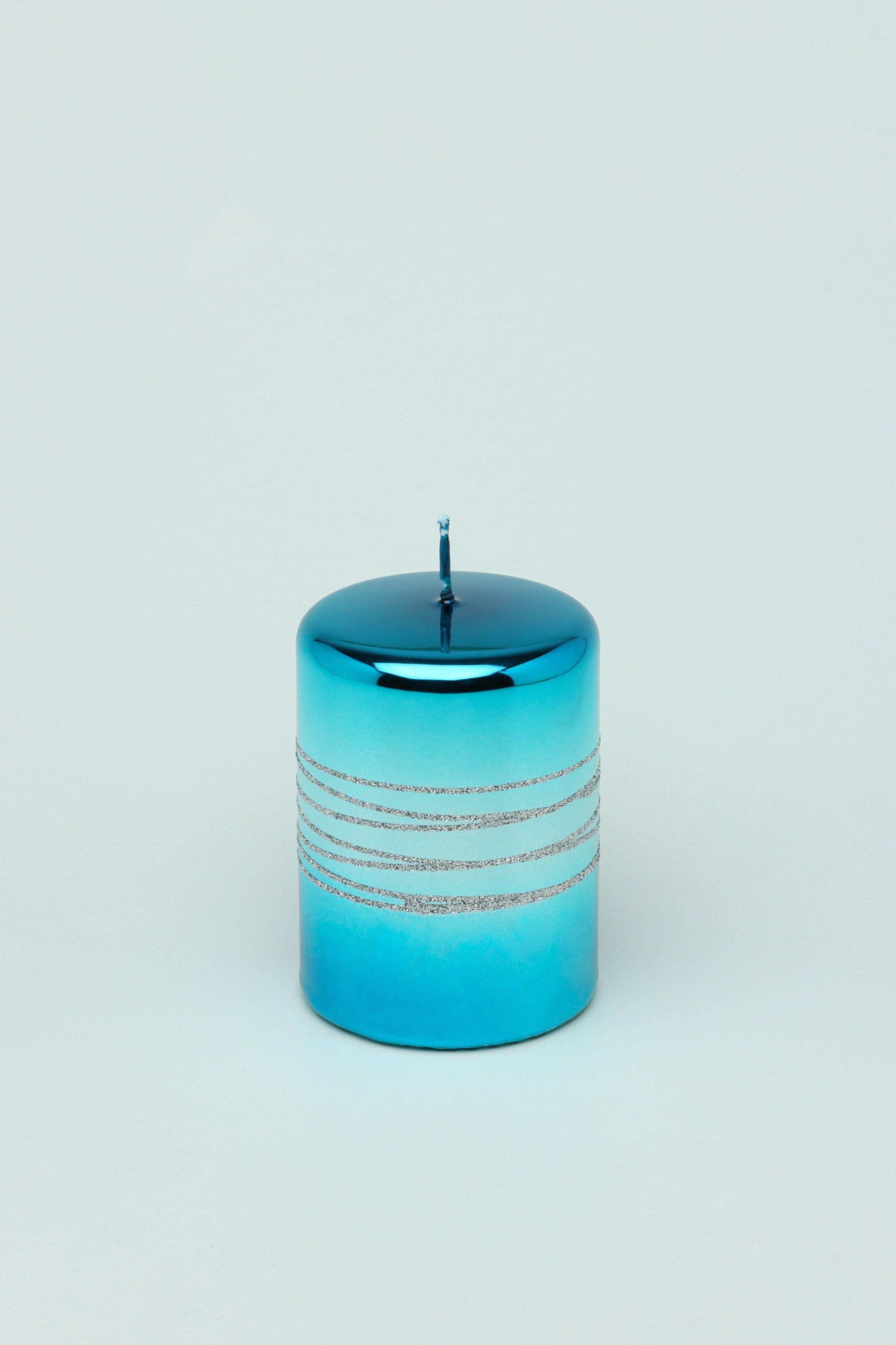 Roselane Mirror Glass Effect Limited Edition Hand-Finished Silver Stripe Glitter Pillar Candle – Oceanic Blue - G Decor