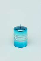 Roselane Mirror Glass Silver Stripe Glitter Pillar Candle in Oceanic Blue — close-up view, G Decor