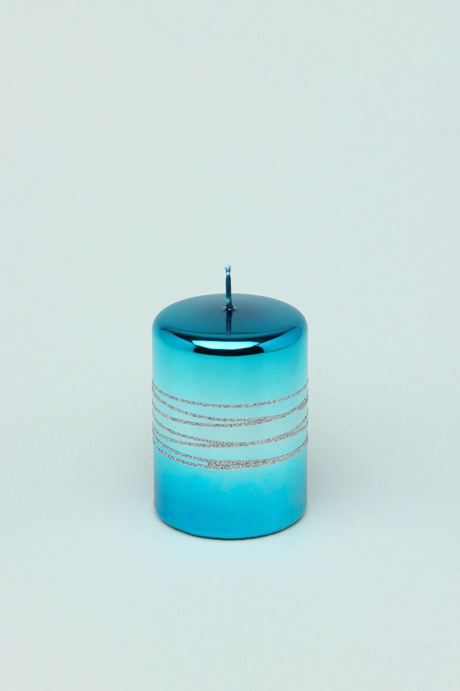 Roselane Mirror Glass Silver Stripe Glitter Pillar Candle in Oceanic Blue — close-up view, G Decor