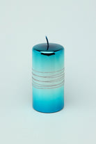 Roselane Mirror Glass Silver Stripe Glitter Pillar Candle in Oceanic Blue — lifestyle view, G Decor