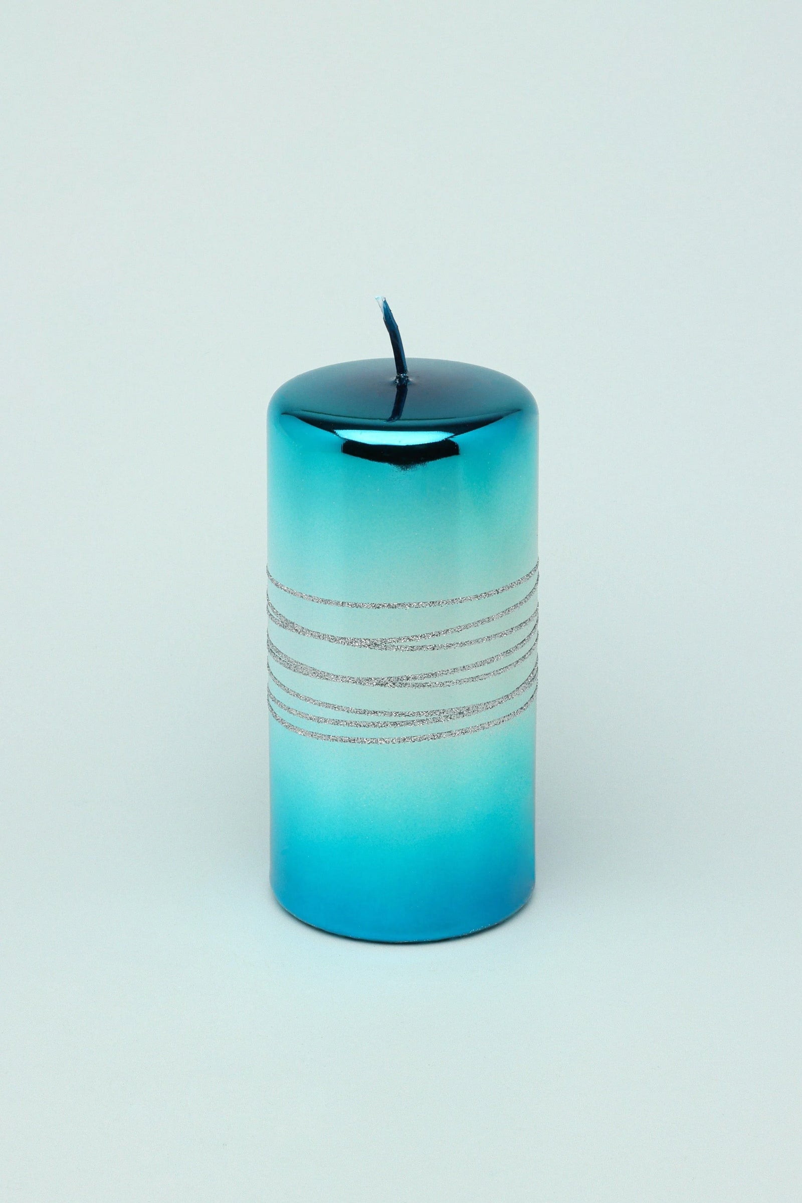 Roselane Mirror Glass Silver Stripe Glitter Pillar Candle in Oceanic Blue — lifestyle view, G Decor