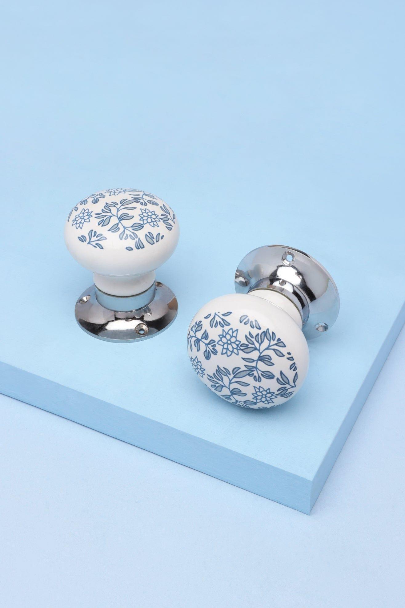 Royal Blue Pattern Ceramic Mortice Door Handles Set – Handcrafted Internal Turning Knobs for Bedroom, Kitchen &amp; Interior Doors with Chrome Base - G Decor