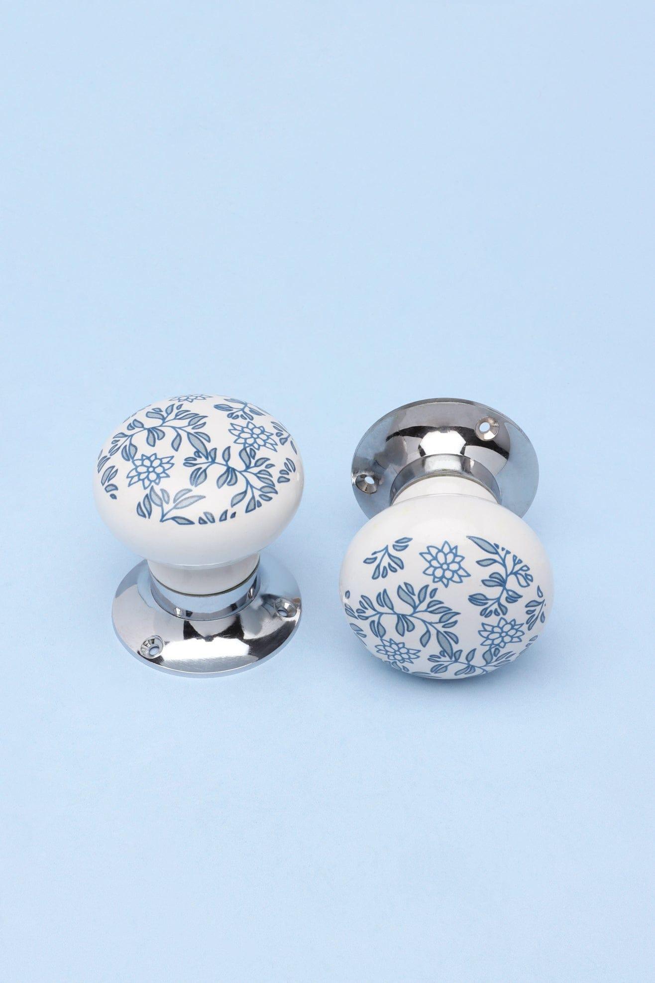 Royal Blue Pattern Ceramic Mortice Door Handles Set – Handcrafted Internal Turning Knobs for Bedroom, Kitchen &amp; Interior Doors with Chrome Base - G Decor