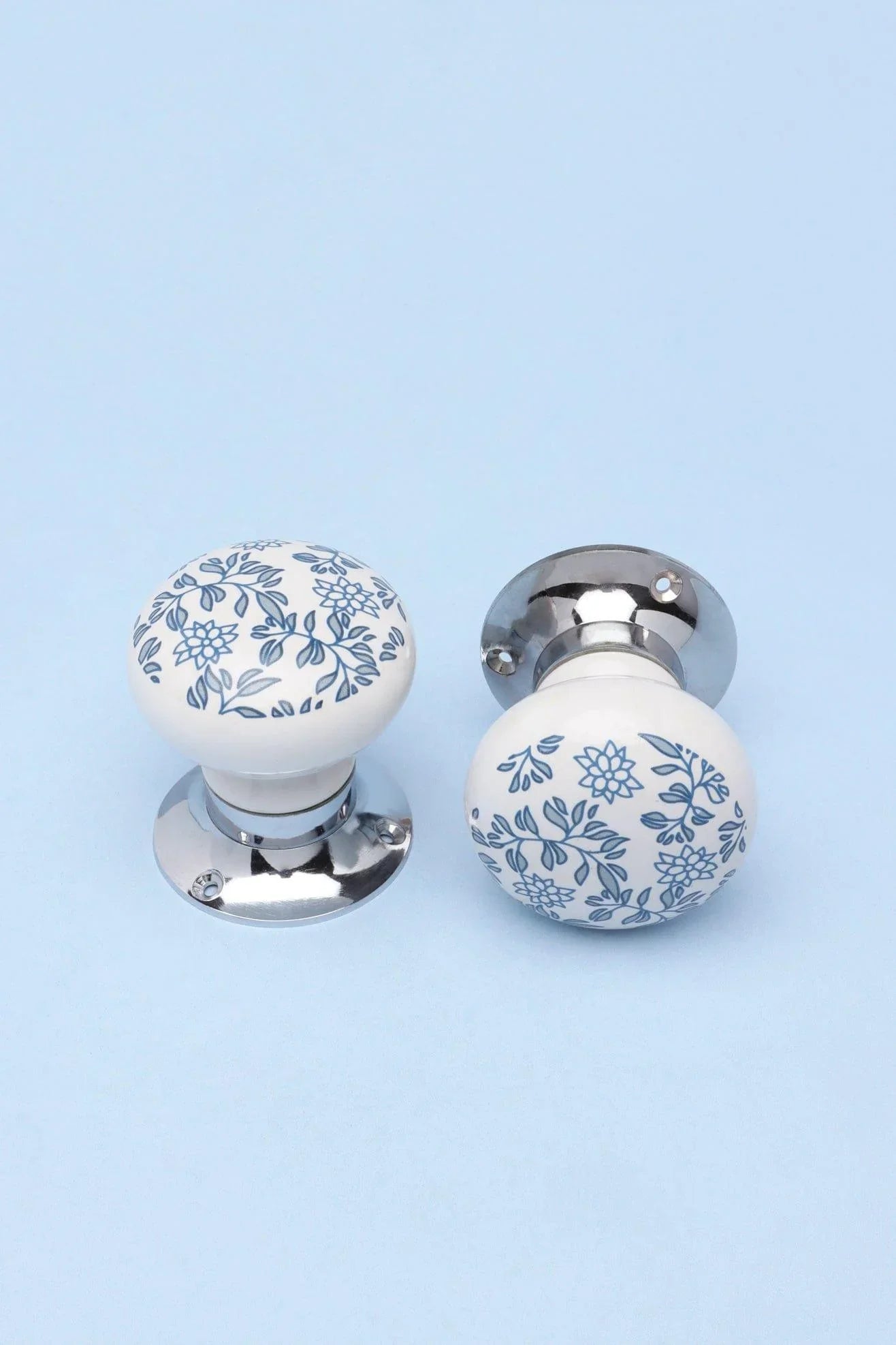Royal Blue Pattern Ceramic Mortice Door Knobs with Chrome Base — lifestyle view, G Decor
