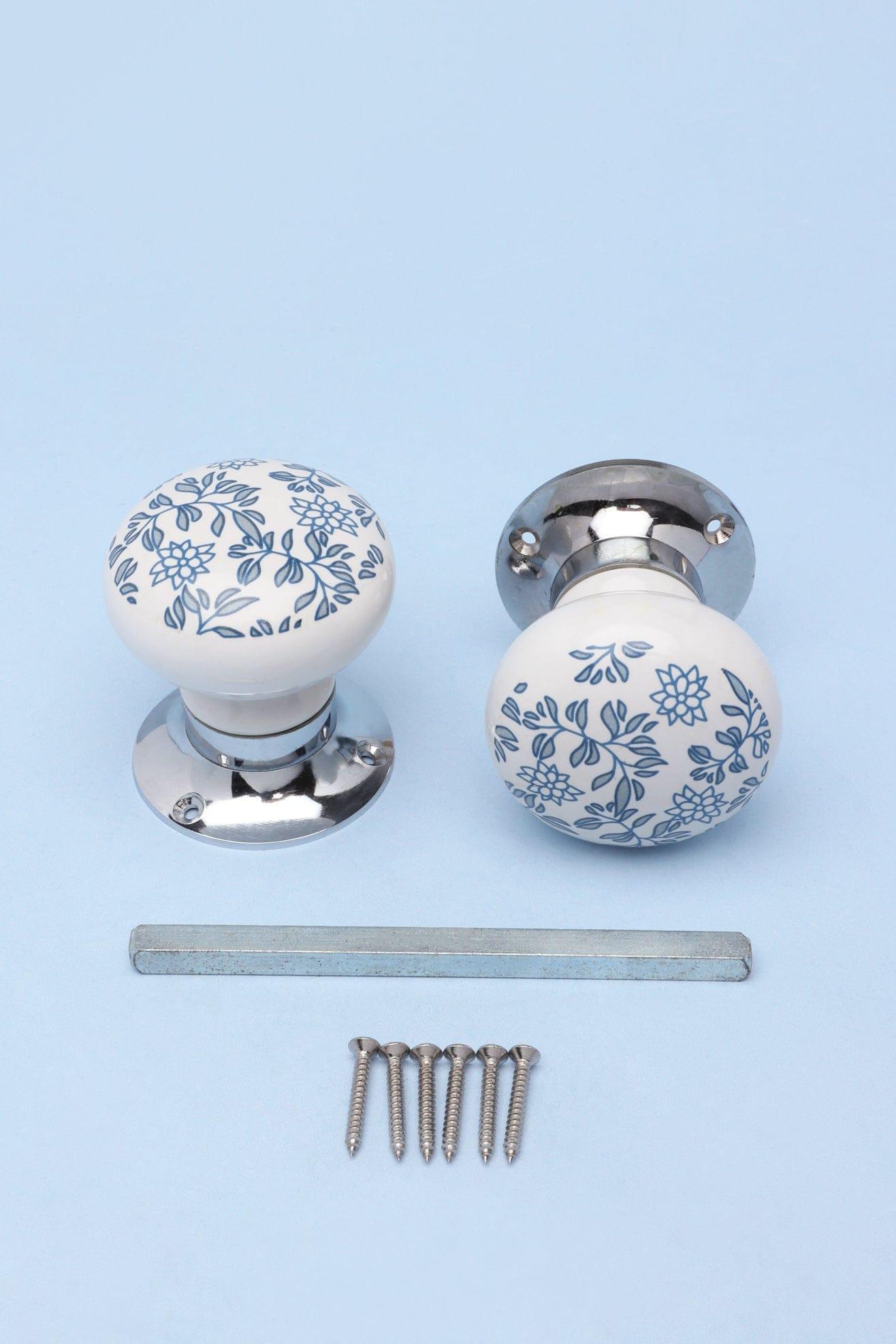 Royal Blue Pattern Ceramic Mortice Door Handles Set – Handcrafted Internal Turning Knobs for Bedroom, Kitchen &amp; Interior Doors with Chrome Base - G Decor