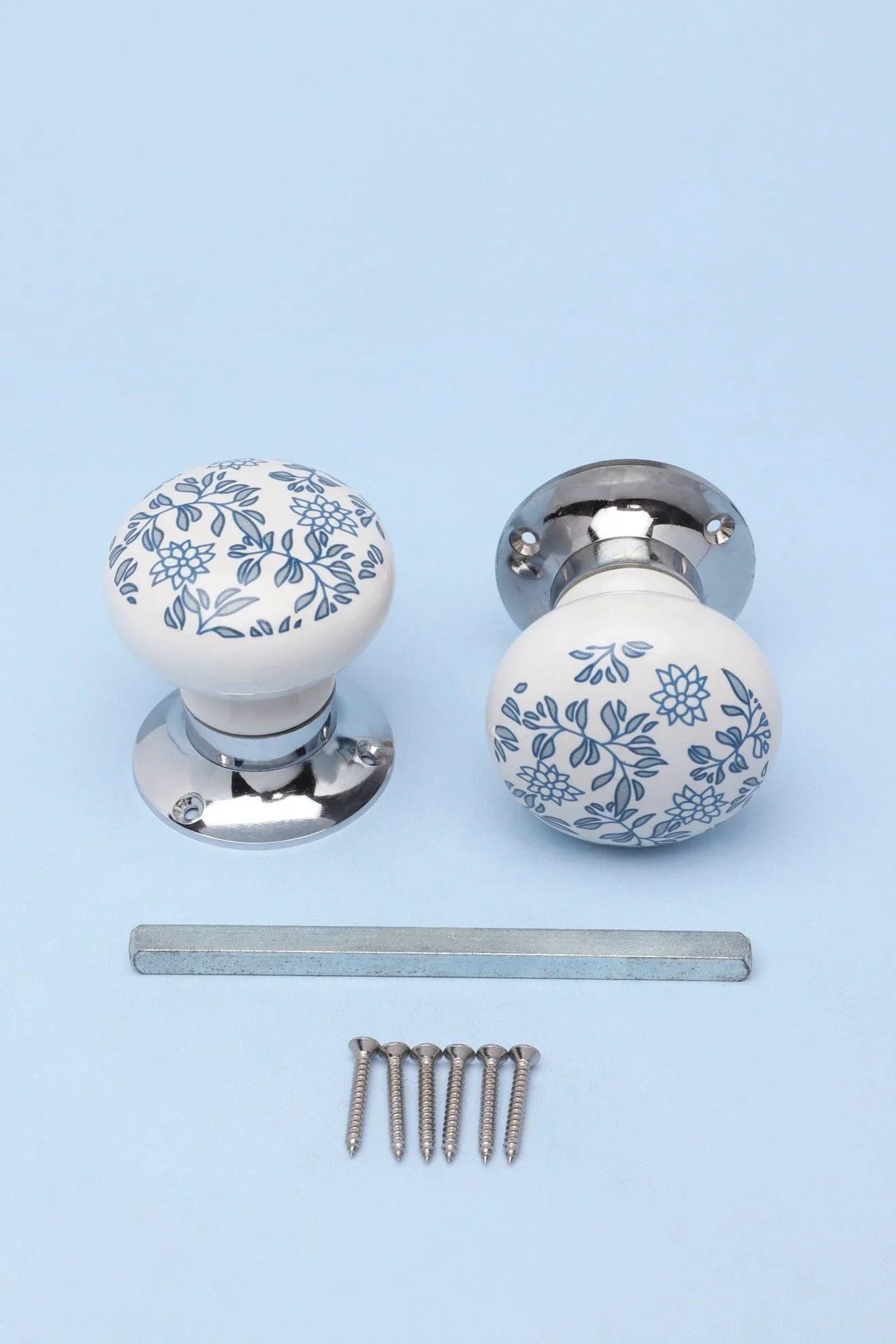 Royal Blue Pattern Ceramic Mortice Door Knobs with Chrome Base — view 5, G Decor