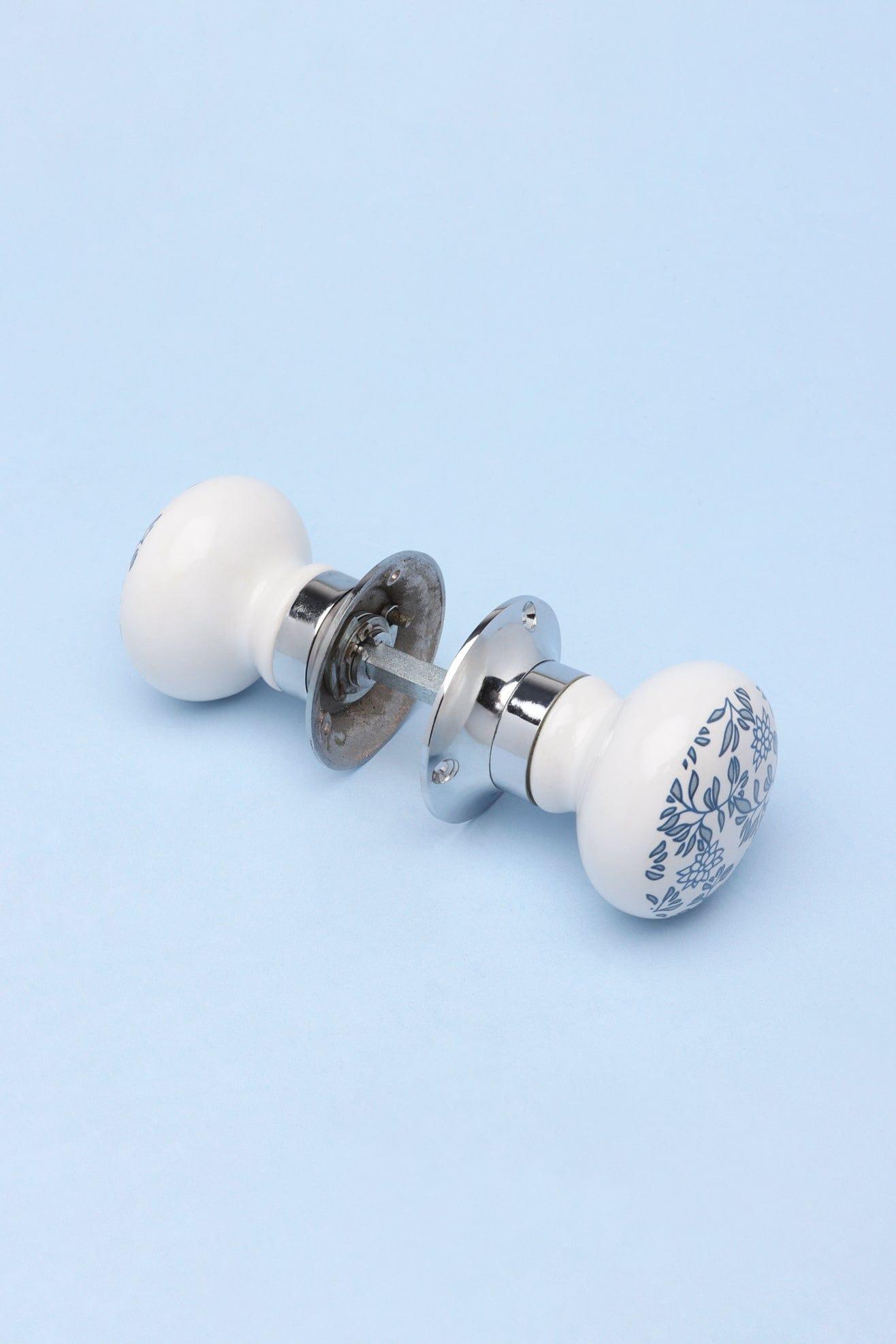 Royal Blue Pattern Ceramic Mortice Door Handles Set – Handcrafted Internal Turning Knobs for Bedroom, Kitchen &amp; Interior Doors with Chrome Base - G Decor