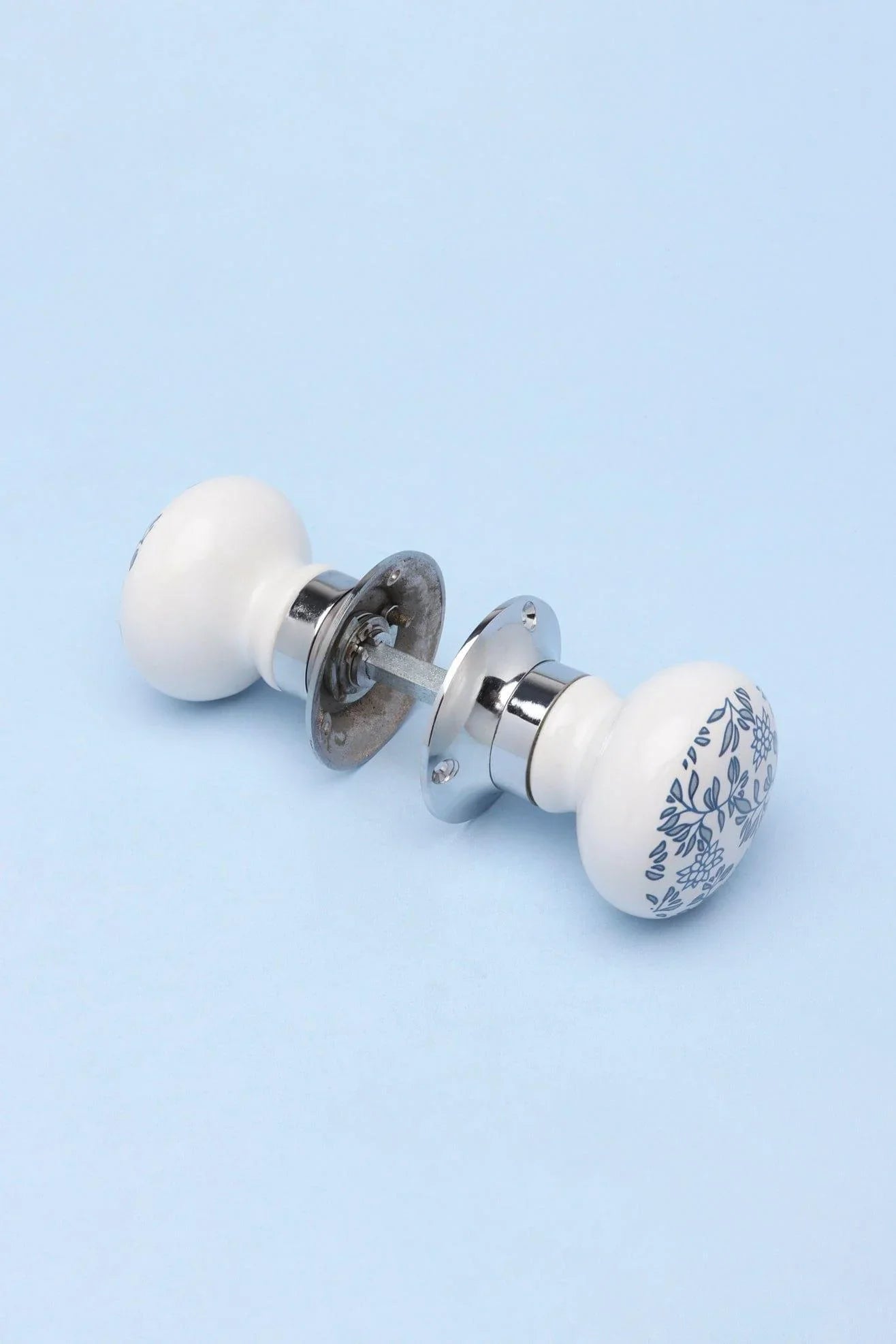 Royal Blue Pattern Ceramic Mortice Door Knobs with Chrome Base — close-up view, G Decor