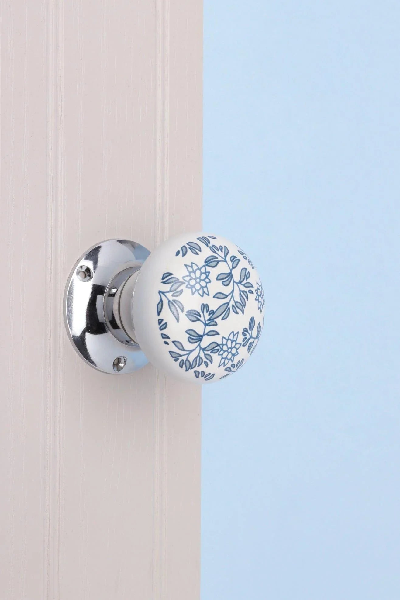 Royal Blue Pattern Ceramic Mortice Door Knobs with Chrome Base — alternate view, G Decor