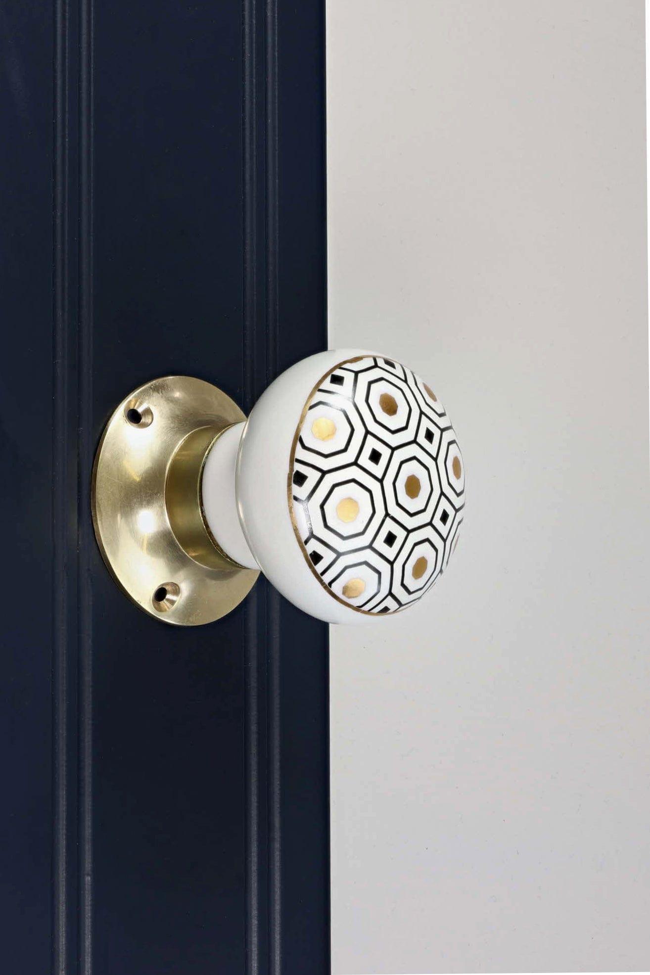 Royal Gold I – Handcrafted Ceramic Mortice Door Knob Set with Brass Base – Honeycomb Pattern for Interior Room Doors - G Decor