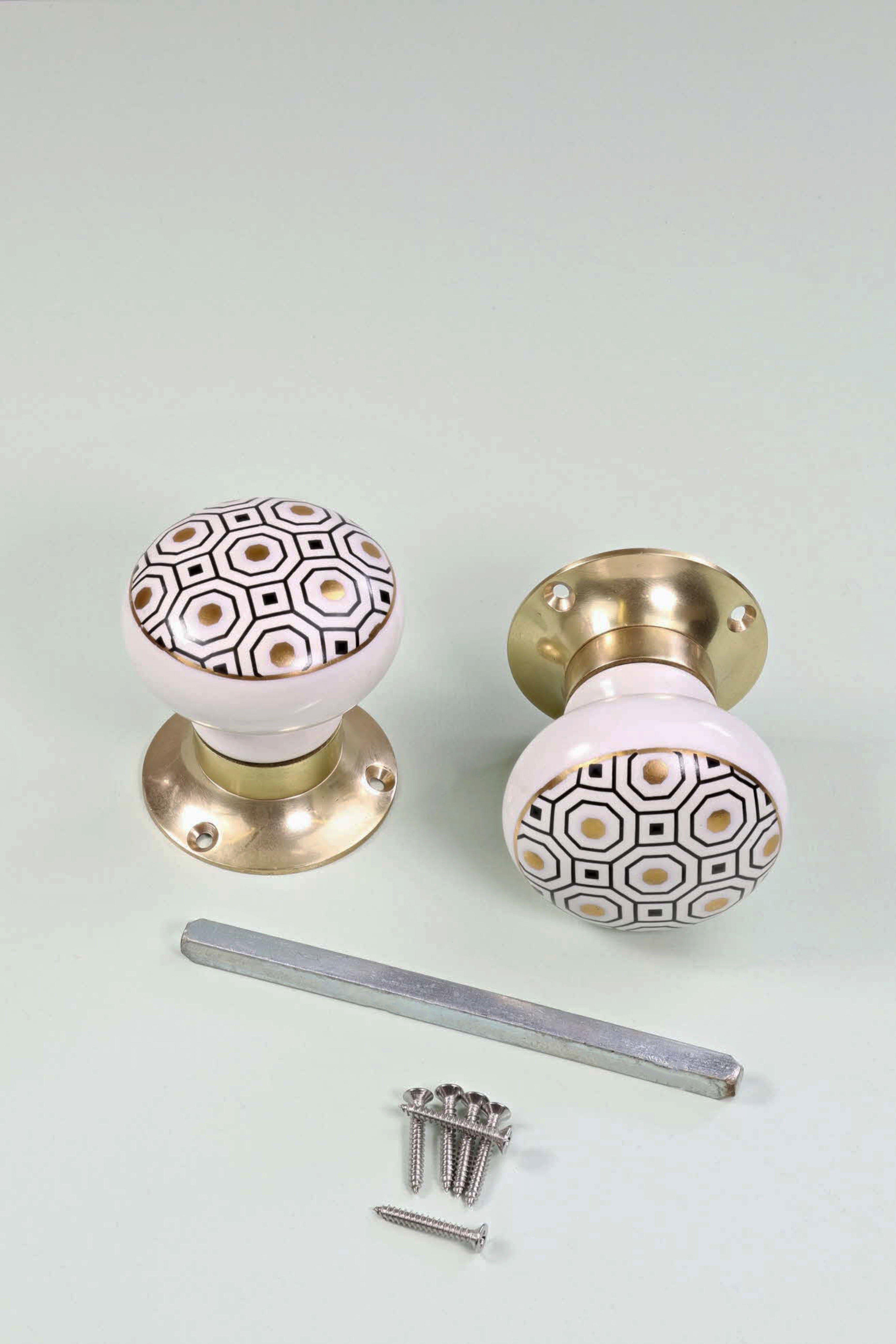 Royal Gold I – Handcrafted Ceramic Mortice Door Knob Set with Brass Base – Honeycomb Pattern for Interior Room Doors - G Decor