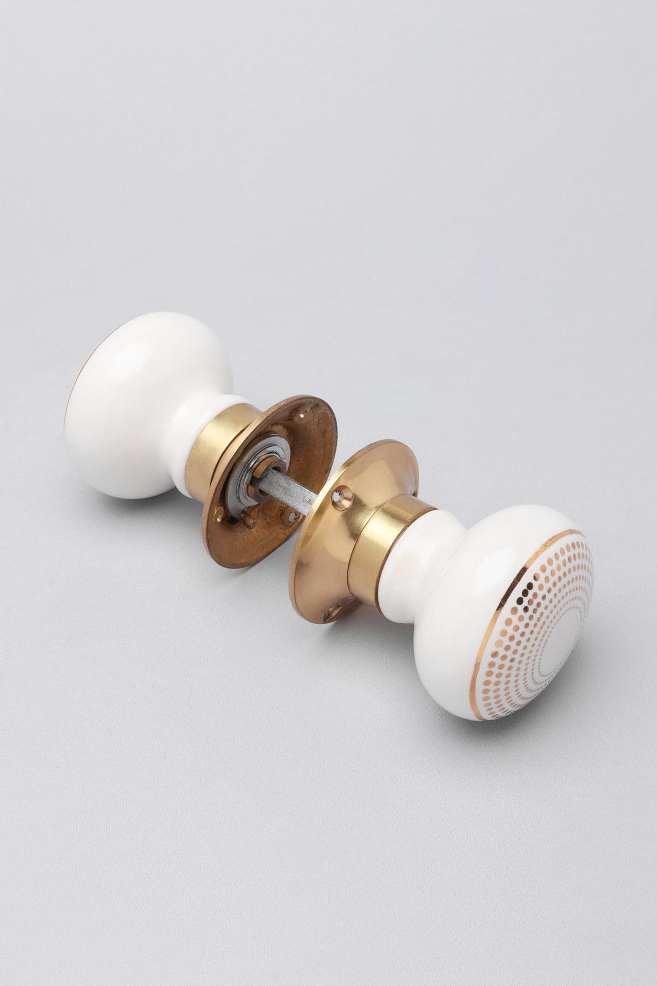 Royal Gold III – Handcrafted Ceramic Mortice Door Knob Set with Brass Base – Dotted Circle Pattern for Interior Room Doors - G Decor