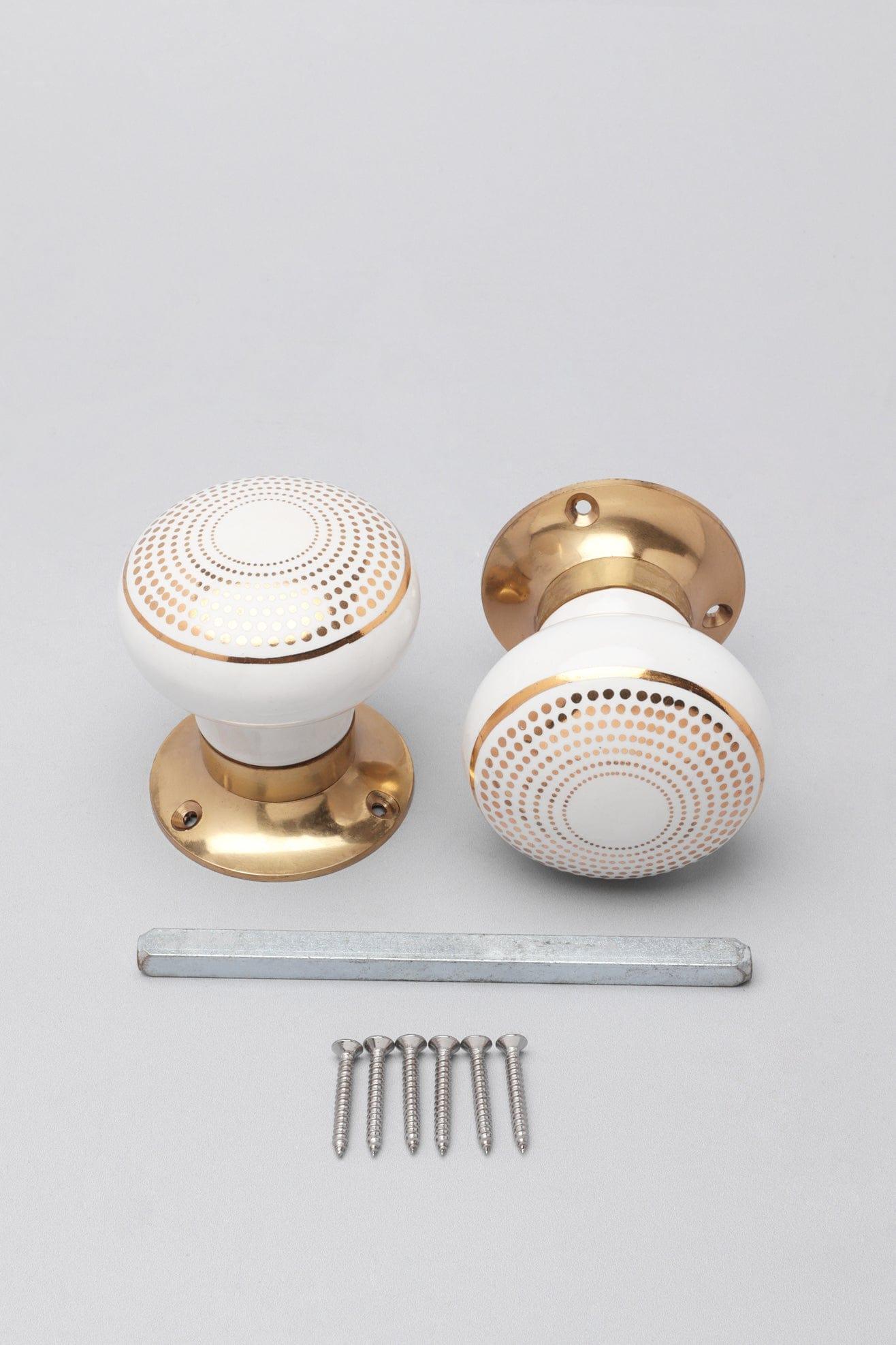 Royal Gold III – Handcrafted Ceramic Mortice Door Knob Set with Brass Base – Dotted Circle Pattern for Interior Room Doors - G Decor