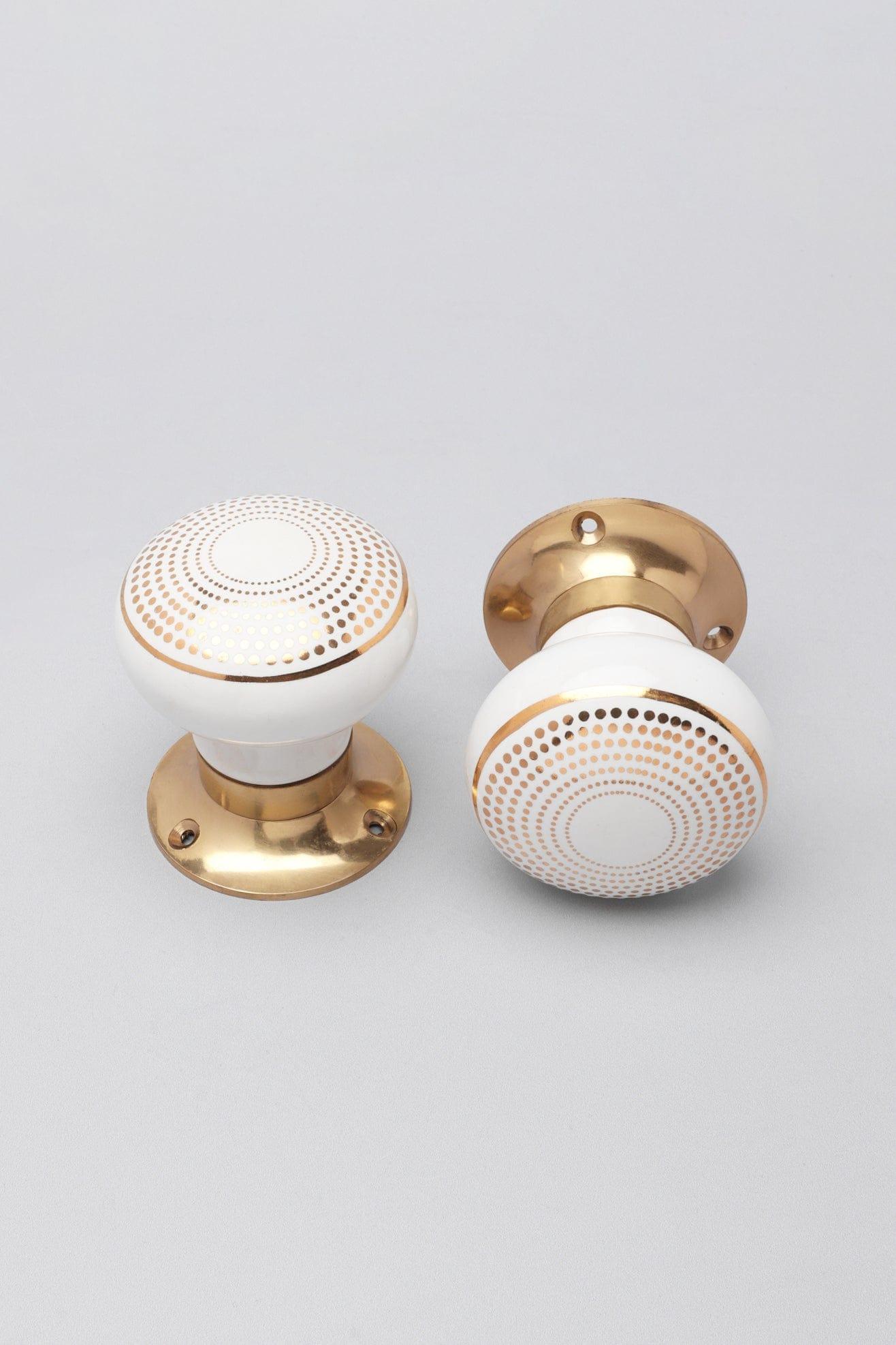 Royal Gold III – Handcrafted Ceramic Mortice Door Knob Set with Brass Base – Dotted Circle Pattern for Interior Room Doors - G Decor