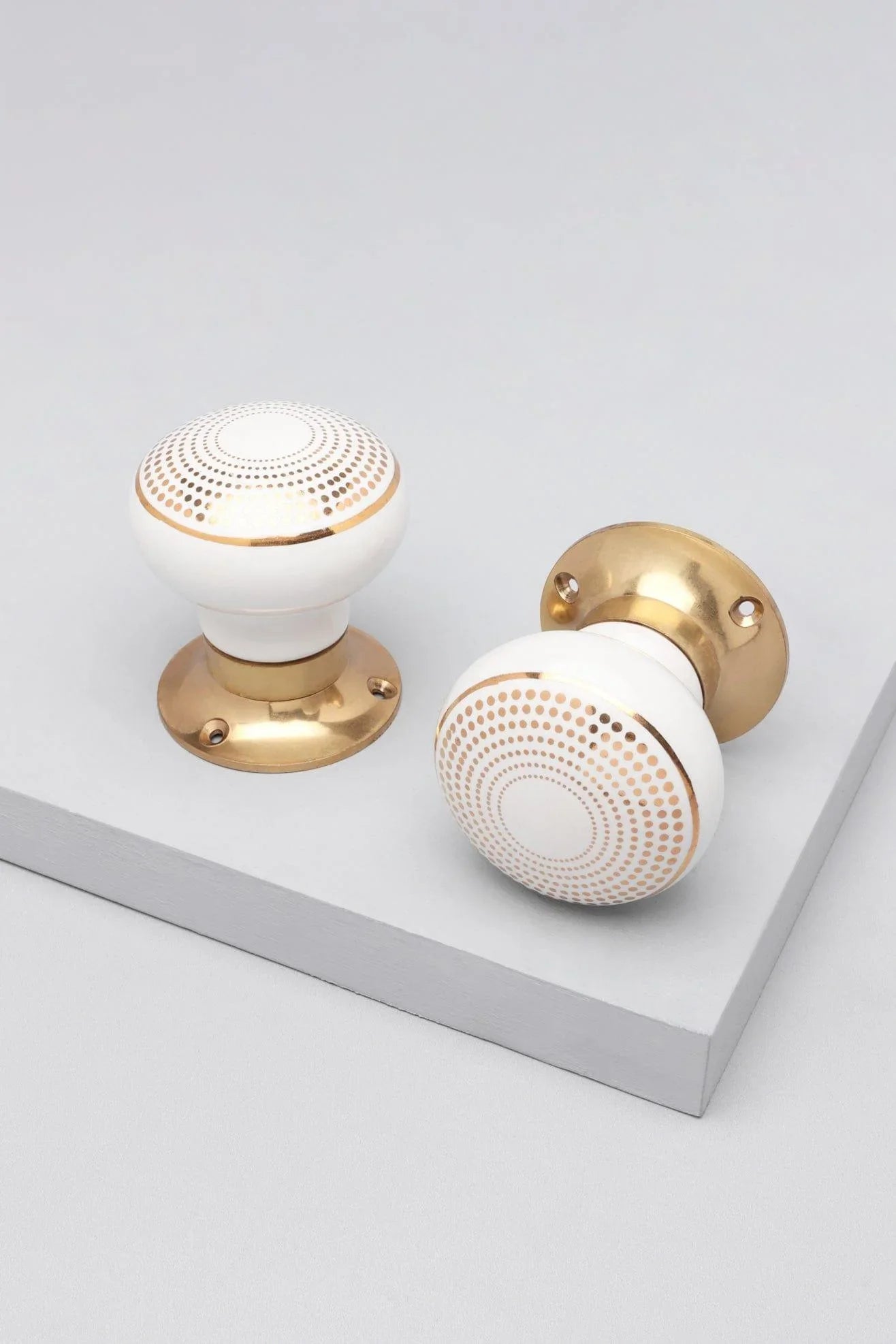 Royal Gold III Dotted Circle Ceramic Mortice Door Knobs with Brass Base — G Decor
