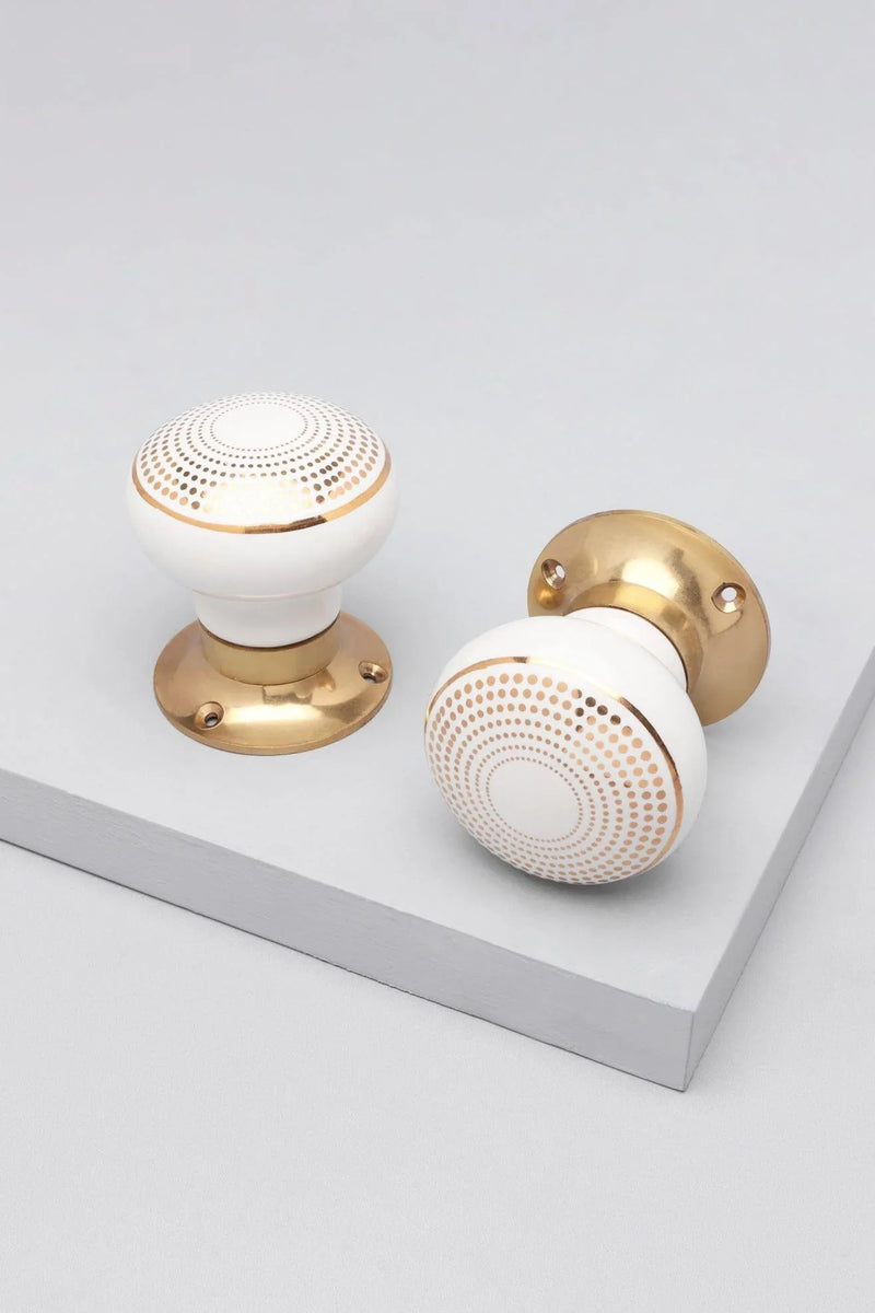 Royal Gold III Dotted Circle Ceramic Mortice Door Knobs — Brass