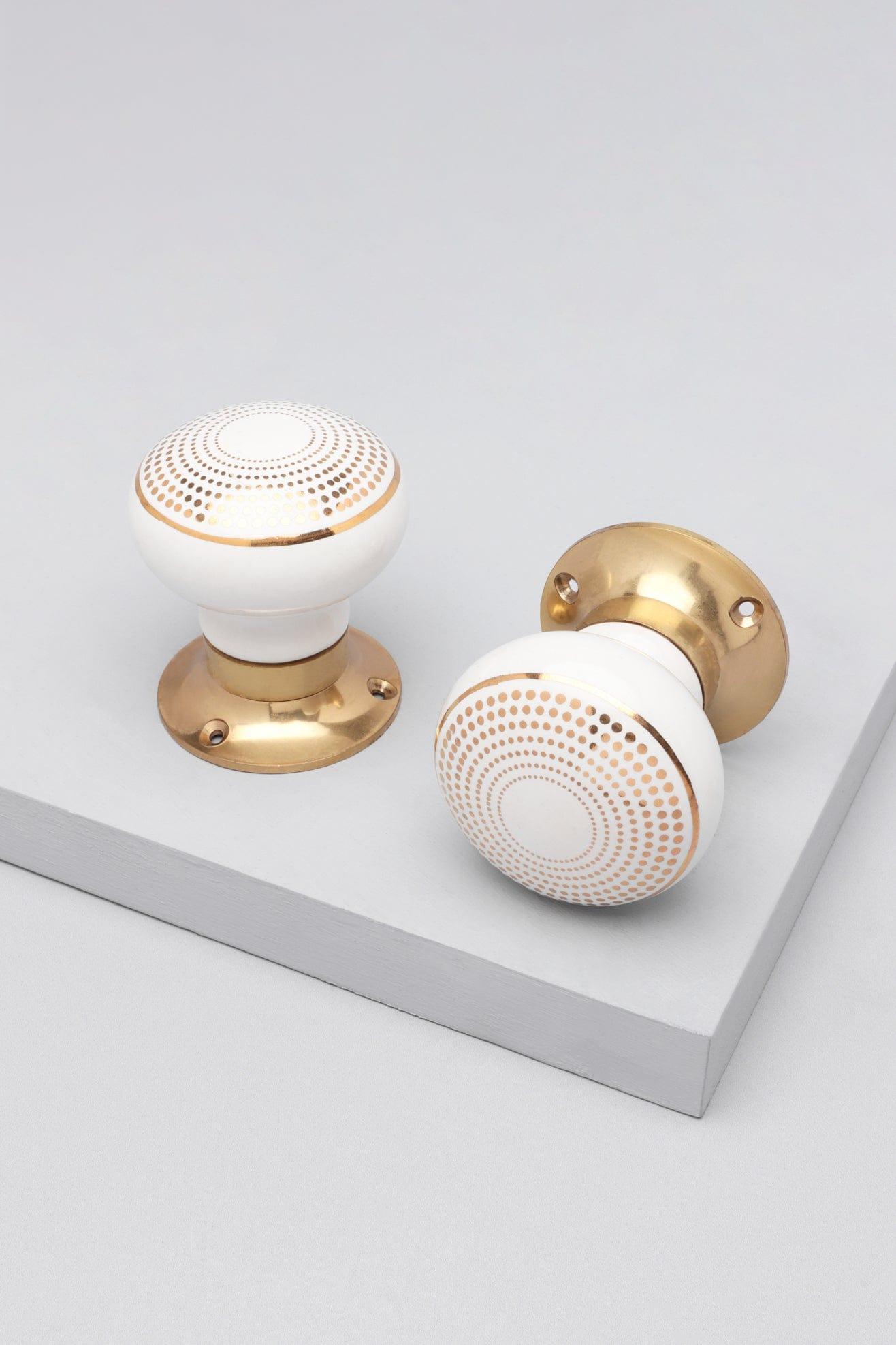 Royal Gold III – Handcrafted Ceramic Mortice Door Knob Set with Brass Base – Dotted Circle Pattern for Interior Room Doors - G Decor