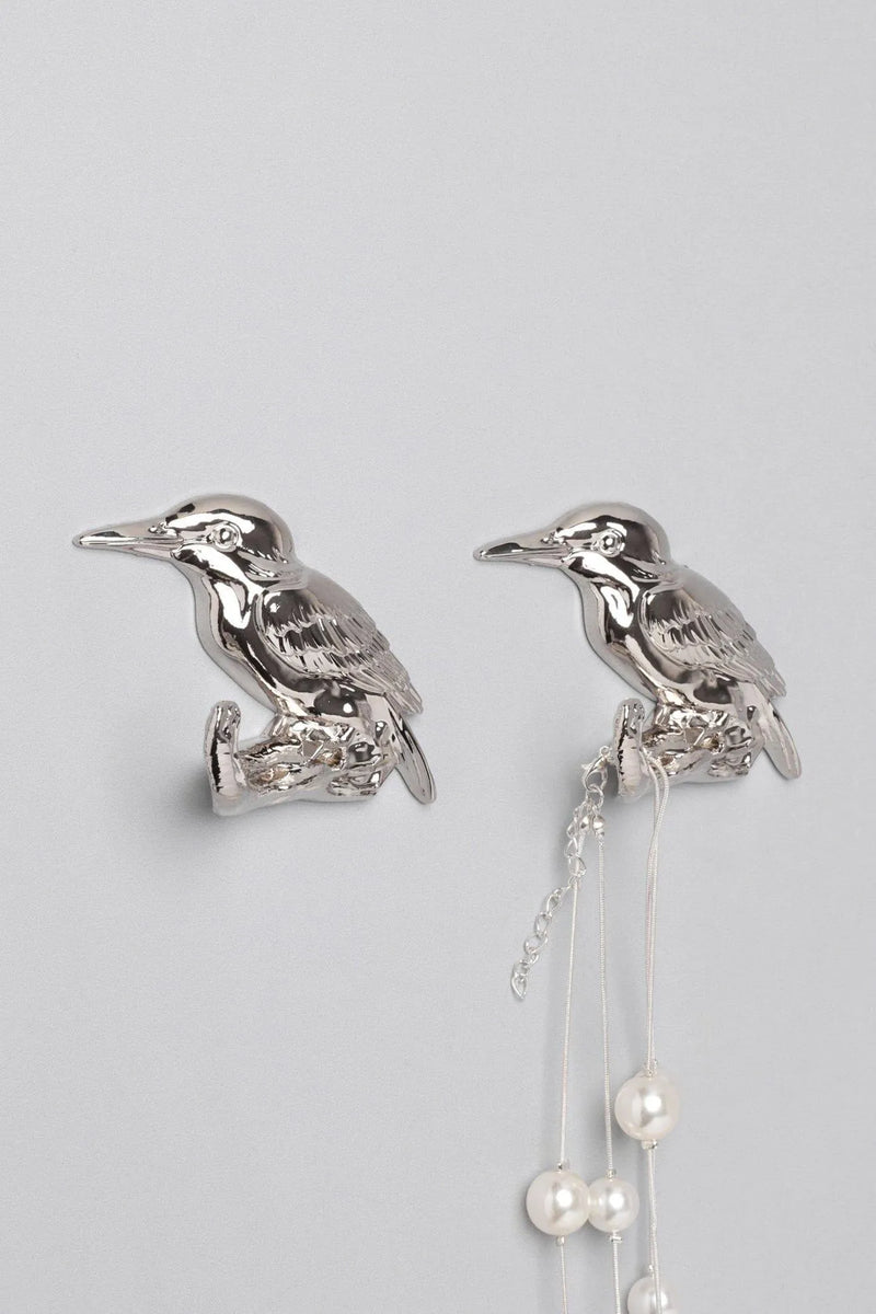 Pair of Kingfisher Silver Sculpted Bird Wall Hooks