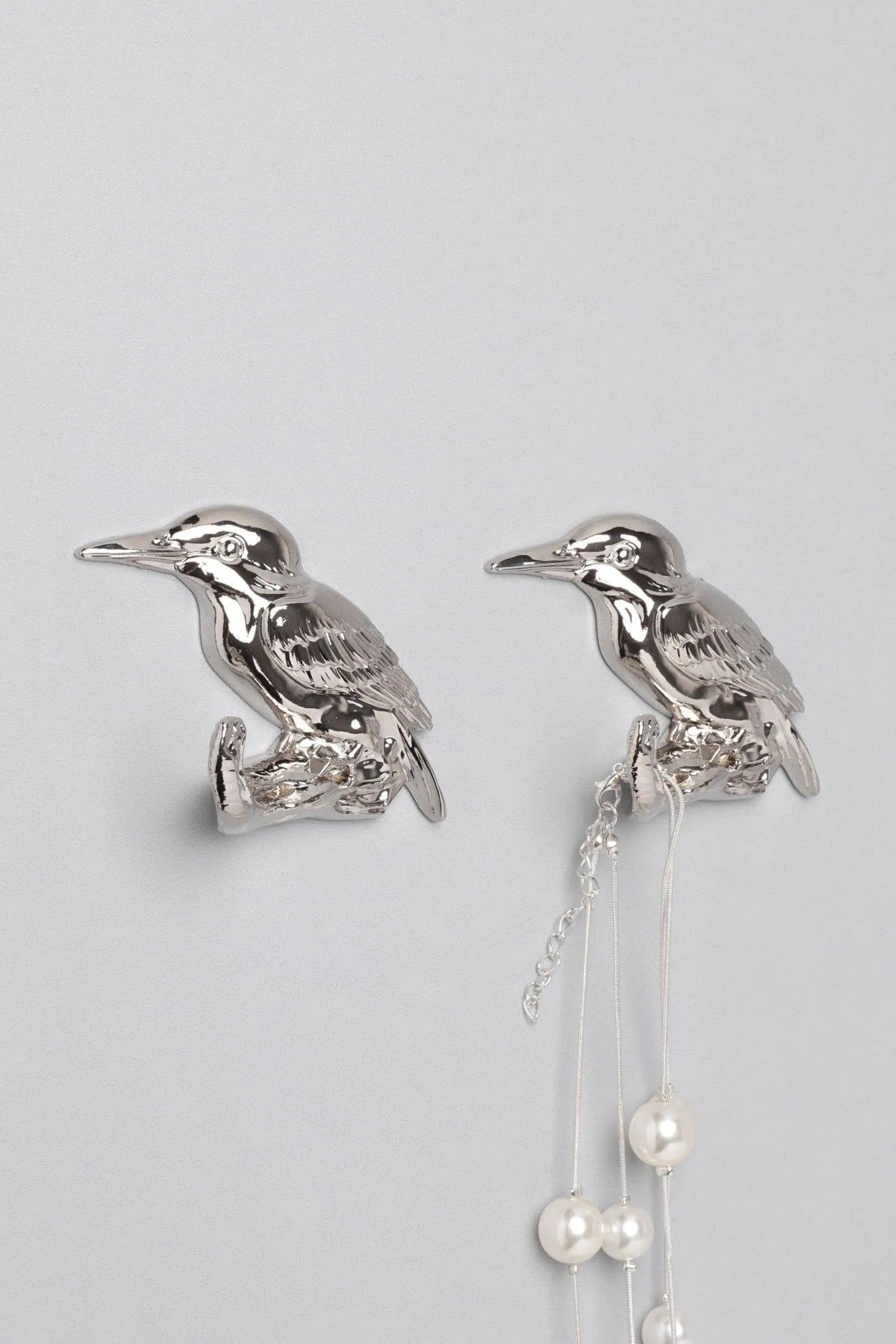 Pair of Kingfisher Silver Sculpted Bird Wall Hooks