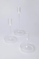 Set of 3 Halo Hand-Blown Clear Glass Dinner and Taper Candle Holders — G Decor