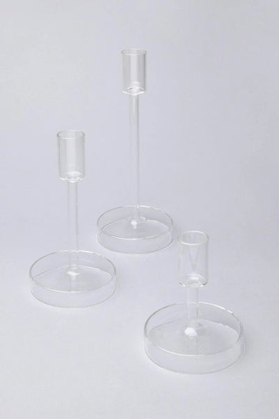 Set of 3 Halo Hand-Blown Clear Glass Dinner and Taper Candle Holders