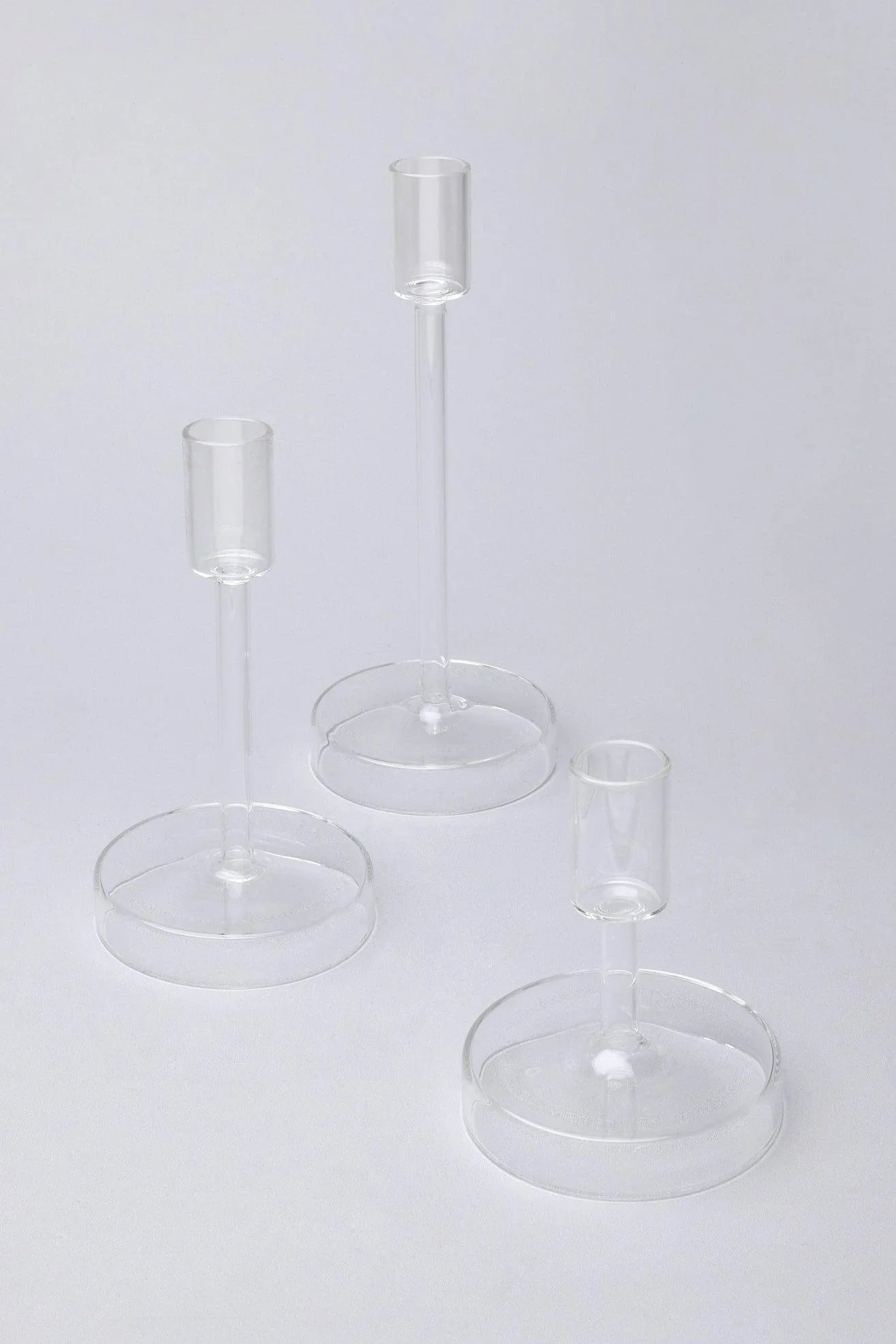 Set of 3 Halo Hand-Blown Clear Glass Dinner and Taper Candle Holders