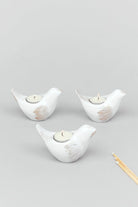 Set of 3 Birds Nest Hand-Painted White and Gold Ceramic Tealight Holders — G Decor