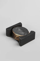 Set of 4 Black Agate-Inspired Coasters in Black and Gold with Holder — G Decor