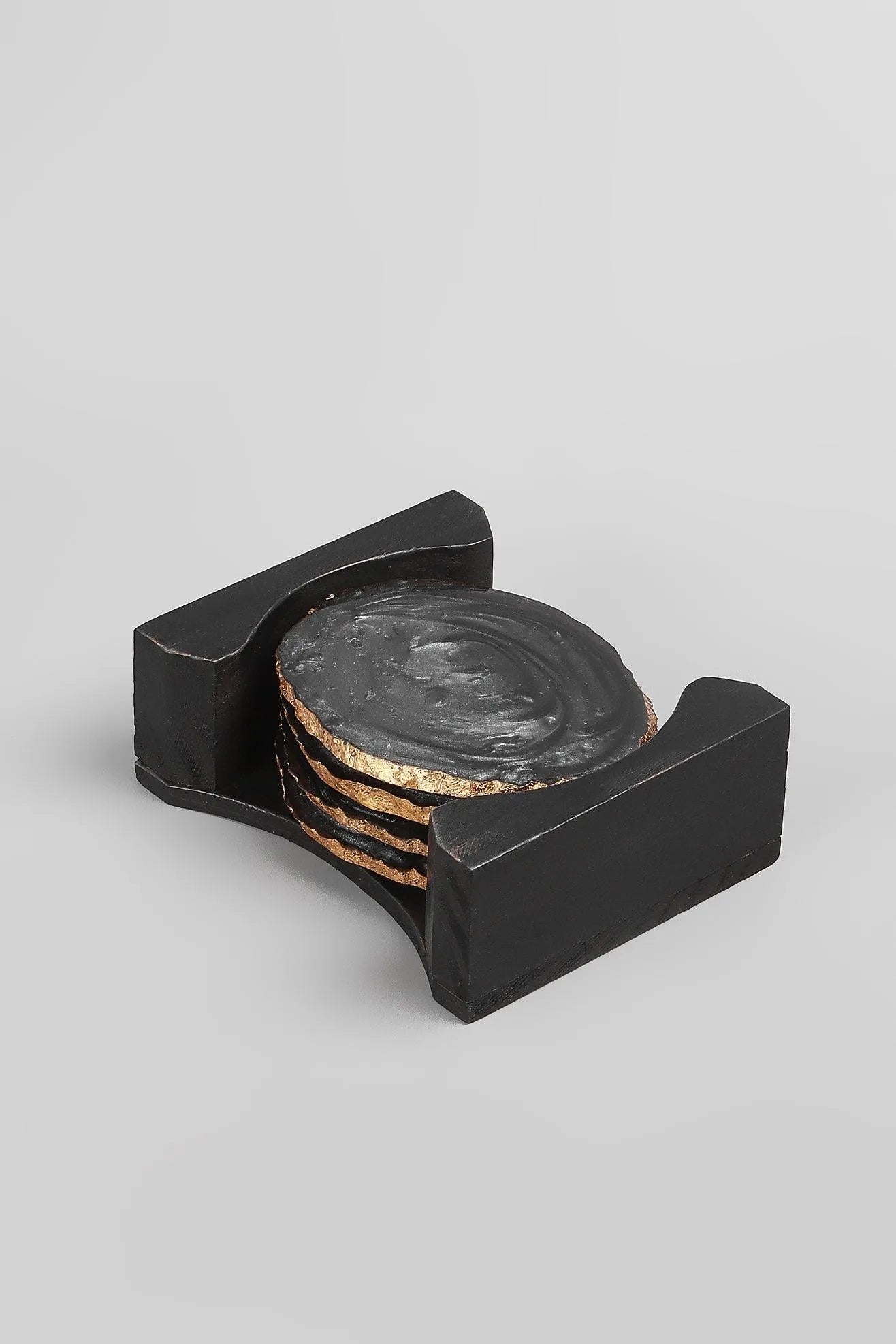 Set of 4 Black Agate-Inspired Coasters in Black and Gold with Holder