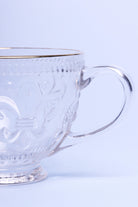 Set of 4 Marcelle Fleur-de-Lis Glass Mugs Embossed Cups with Gold Rim - G Decor