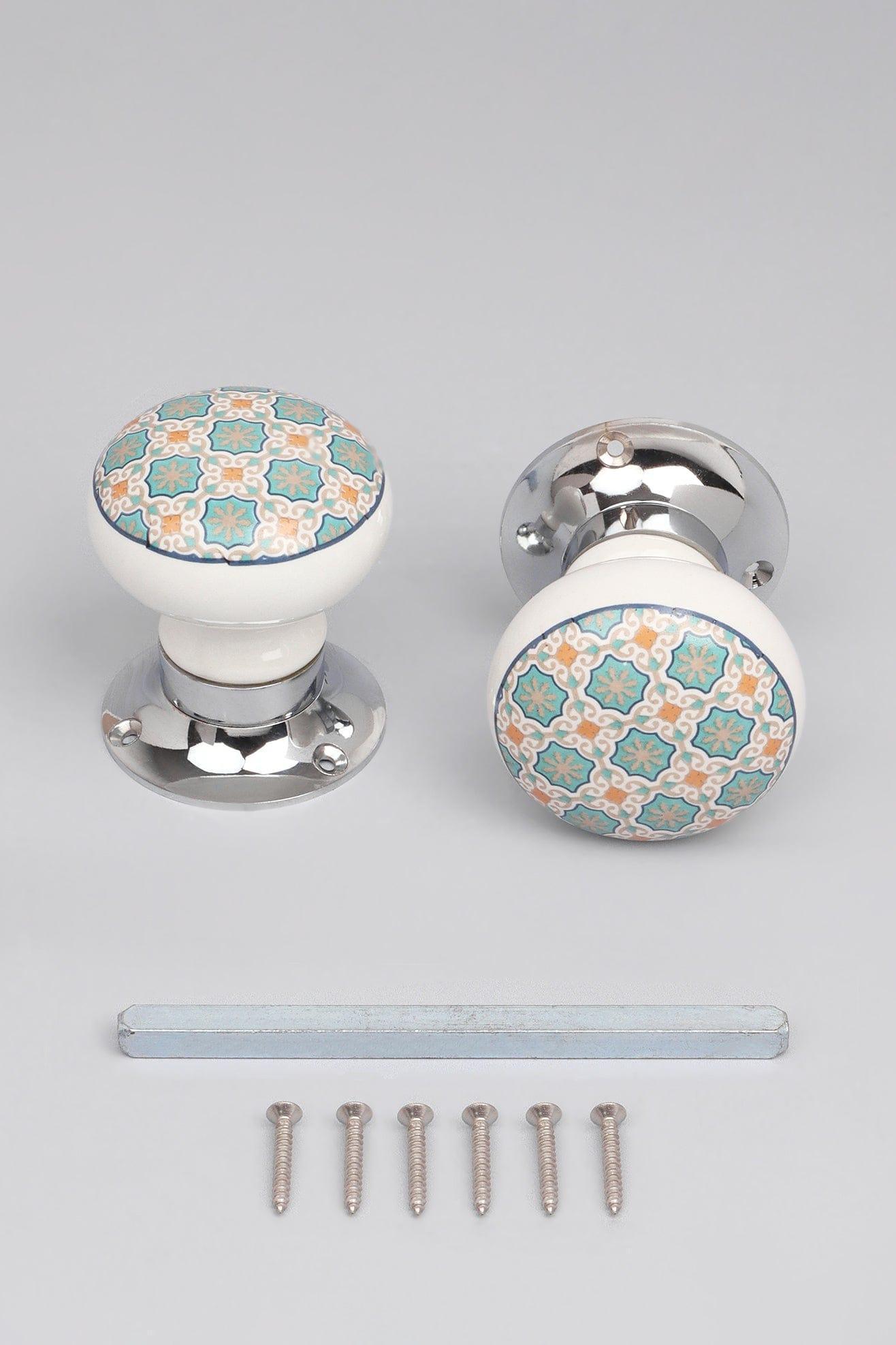 Set of Divine Will Ceramic Mortice Door Handles – Patterned Internal Turning Knobs for Bedroom, Kitchen &amp; Interior Doors with Chrome Base - G Decor